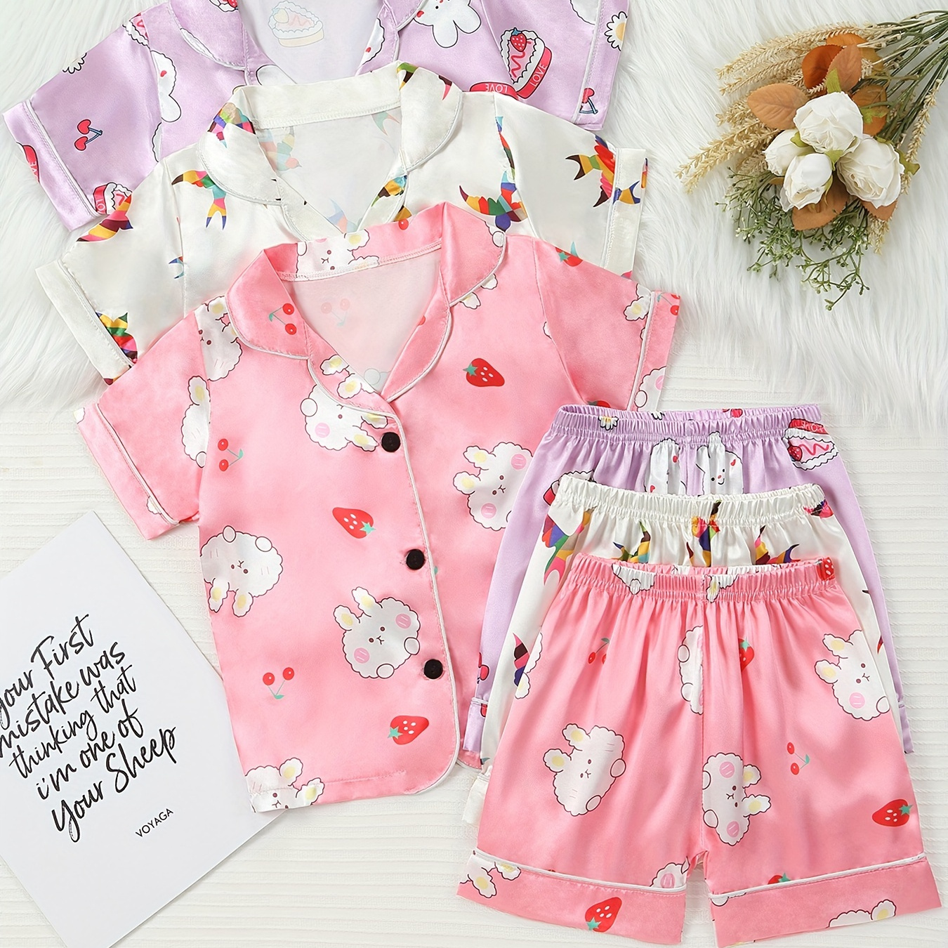 

3 Sets Girls Cozy Pajamas - Cartoon Rabbit Pattern Print Short Sleeve Lapel Button Down Cardigan Top & Short Loungewear Comfy Casual Pj Set, Kids' Sleepwear Clothes