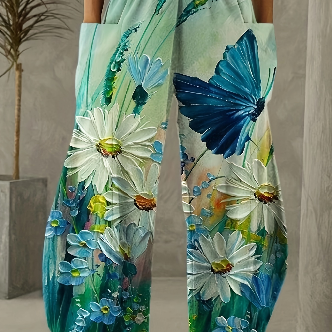 

Floral Print Wide Leg Pants, Casual Loose Dual Pockets Pants For Spring & Summer, Women's Clothing