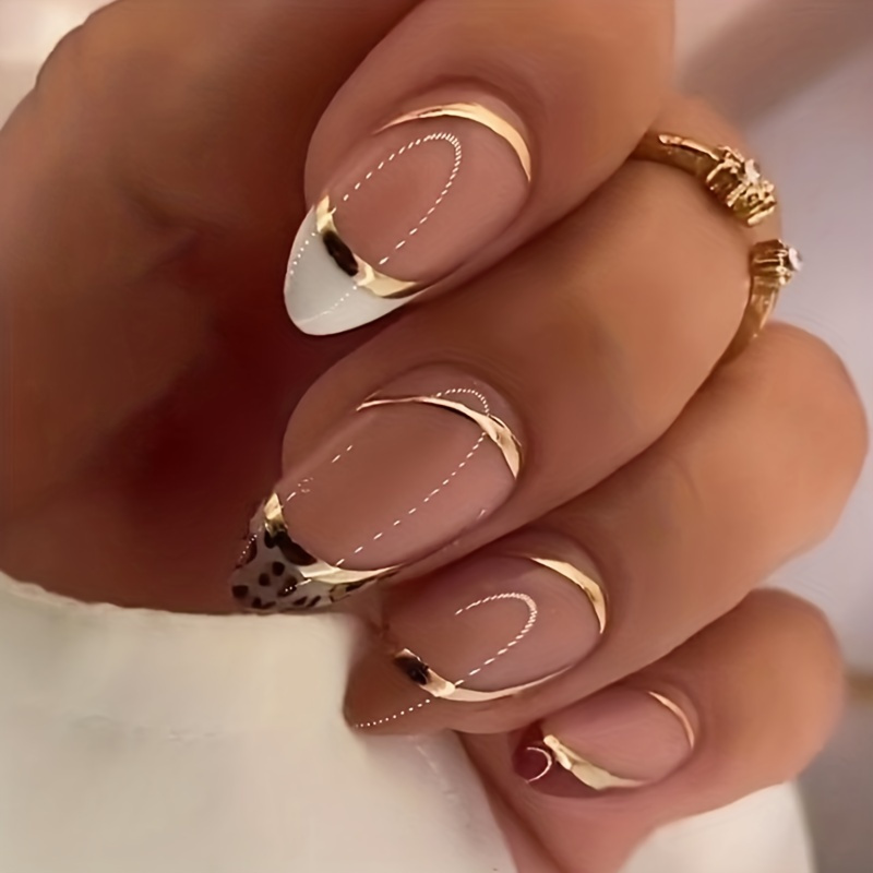 

24 Pcs French Tips Nude Press On Nail Almond Fake Nail Golden Line Stripes Leopard Exquisite Nails Design Glue On Nail Full Cover Acrylic False Nail For Women Girls Diy Manicure