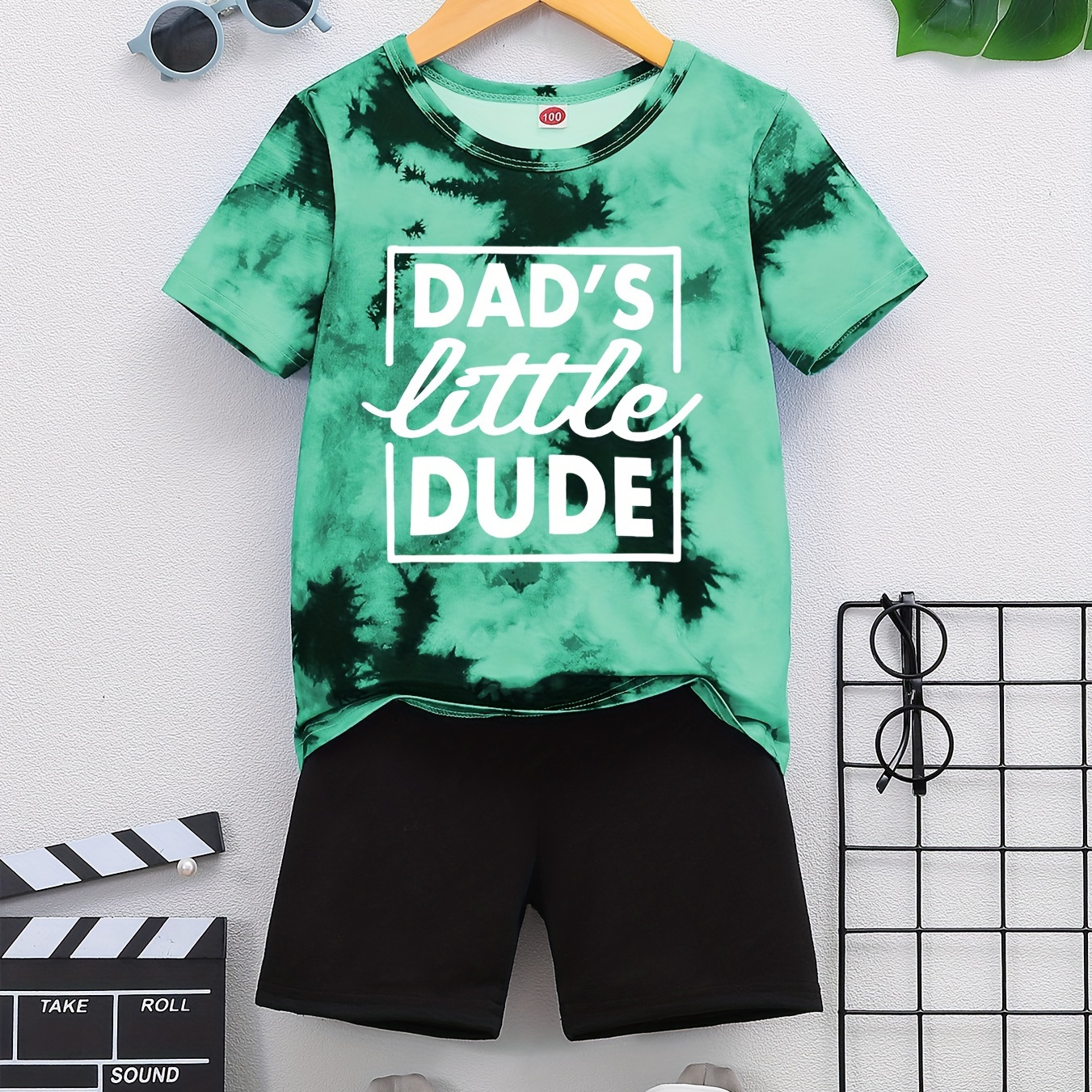 

Daddy's Little Due Print Tie Dye Short Sleeve T-shirt And Elastic Waist Shorts Set, 2pcs Boy's Summer Outdoor Clothes