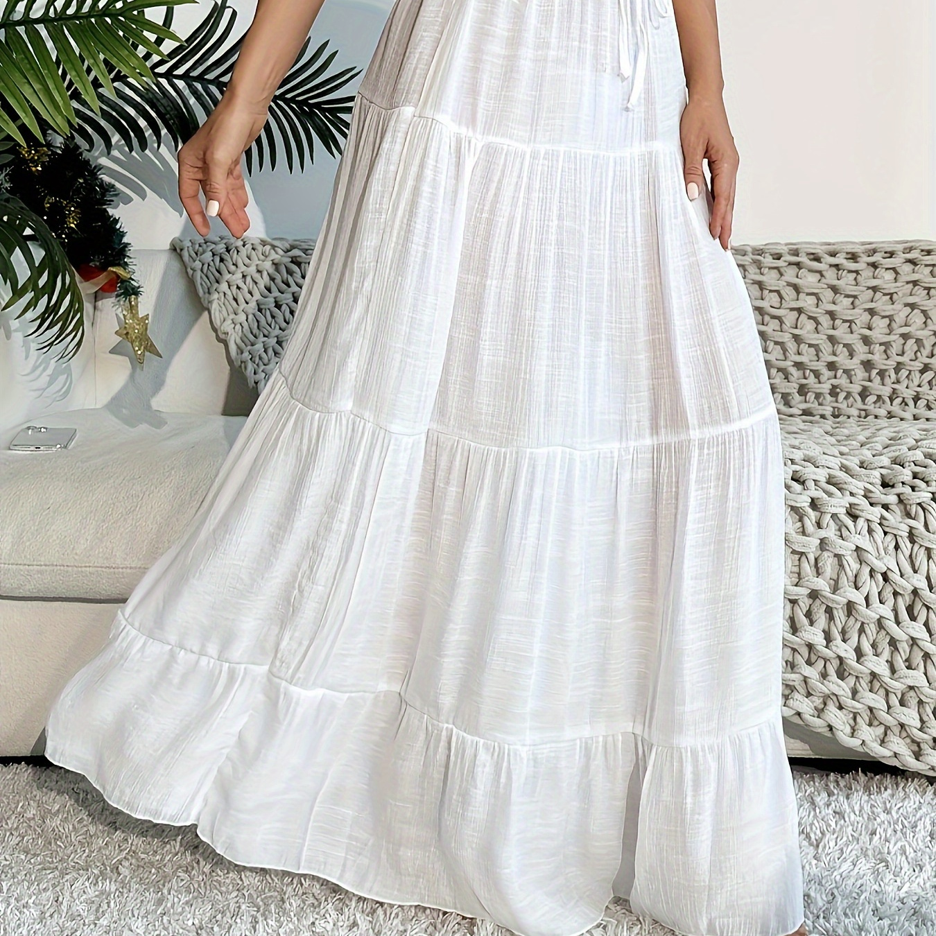 

Drawstring Waist Tiered Skirt, Chic Maxi Length A-line Skirt For Spring & Summer, Women's Clothing