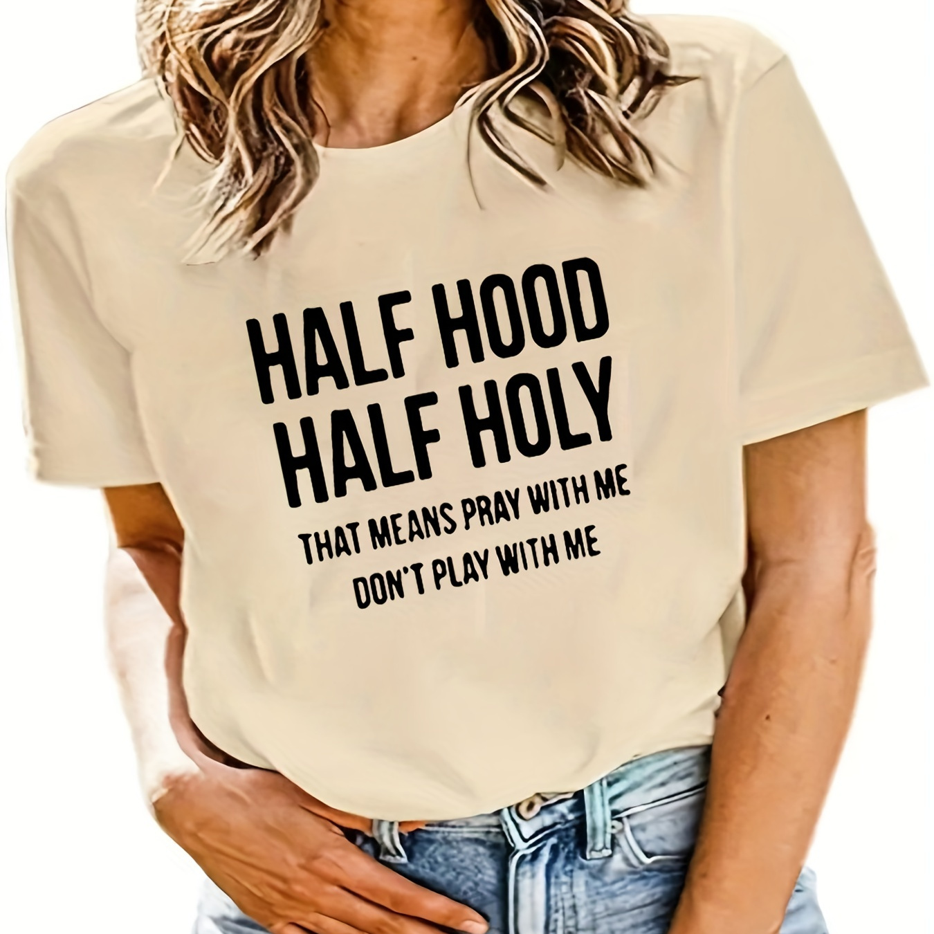 

Half Hood Half Holy Print T-shirt, Short Sleeve Crew Neck Casual Top For Summer & Spring, Women's Clothing