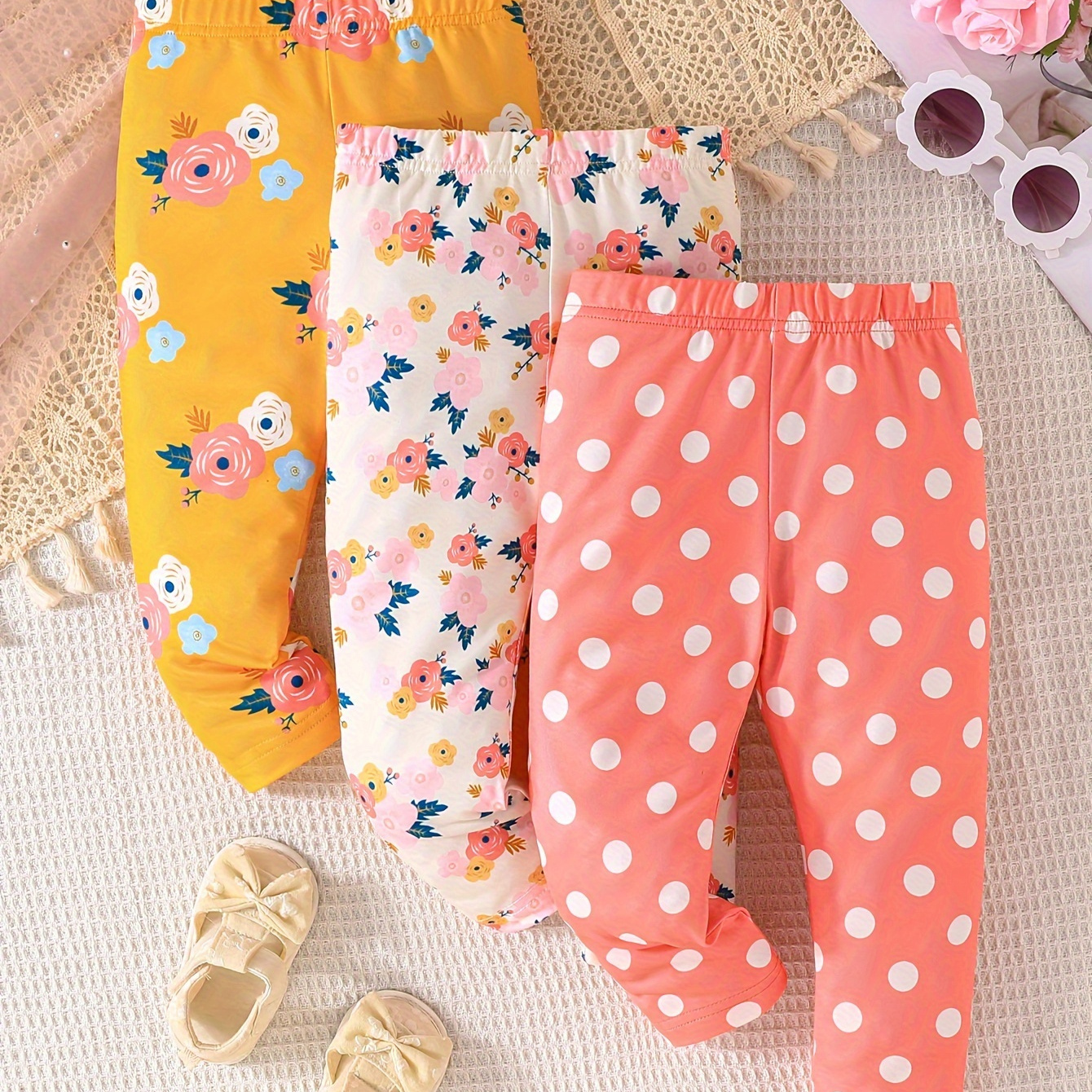 

3pcs Baby's Flower + Polka Dots Pattern Pants, Casual Elastic Waist Trousers, Infant & Toddler Girl's Clothing