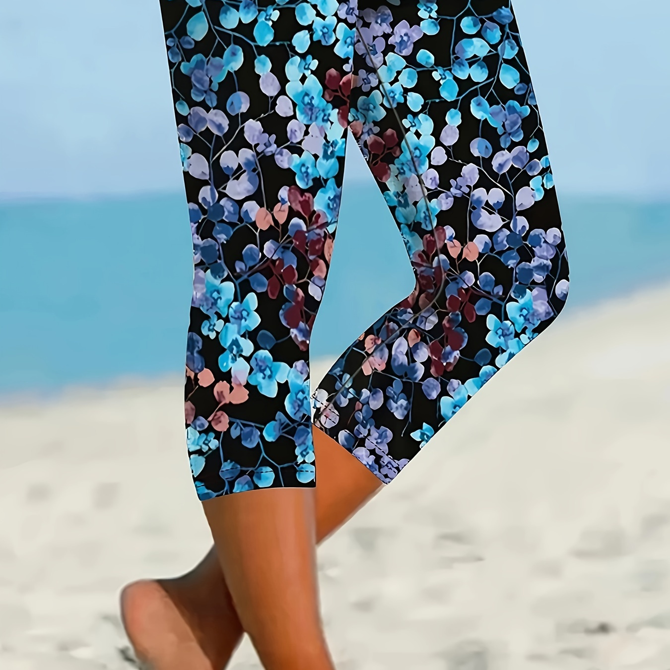 

Leggings taille haute à imprimé floral, Leggings décontractés pour le printemps et l'été, vêtements pour femmes