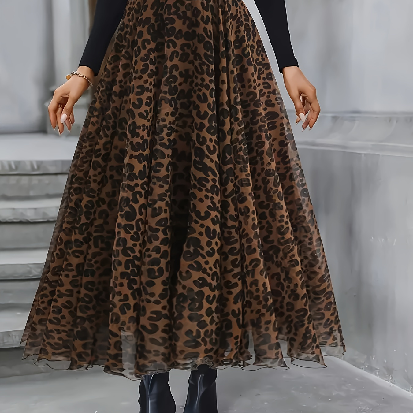 

Women's Elegant Leopard Print Tulle Skirt, High-waist Slimming A-line Long Skirt, 100% Polyester, Loose Fit, Flared Hem, All , Woven Fabric, 30gsm Weight, 110gsm - No Belt Required