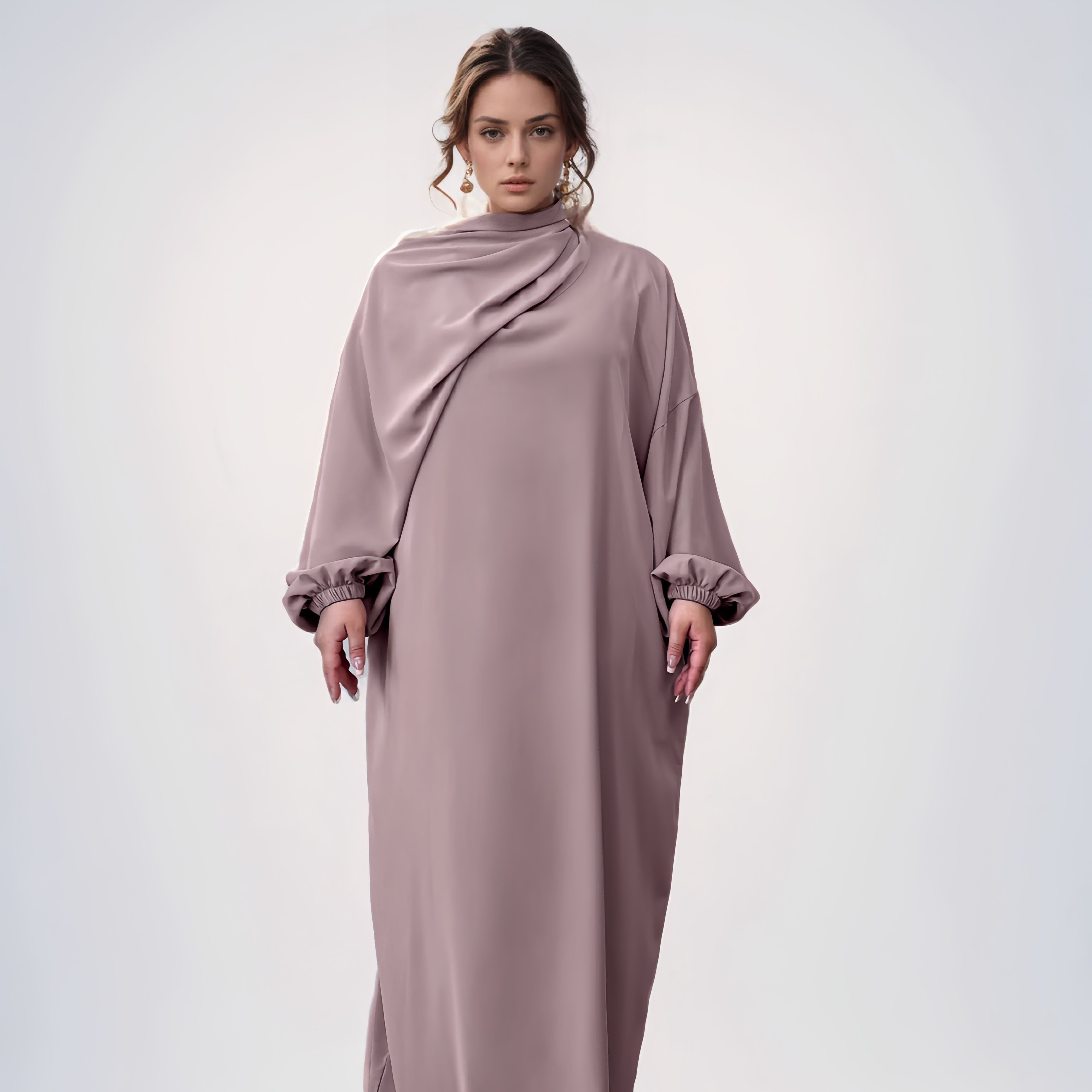 

Elegant Long Sleeve Turkish Kaftan With Hood - Casual Loose Fit Polyester Dress With Pockets, Woven Solid Color Abaya