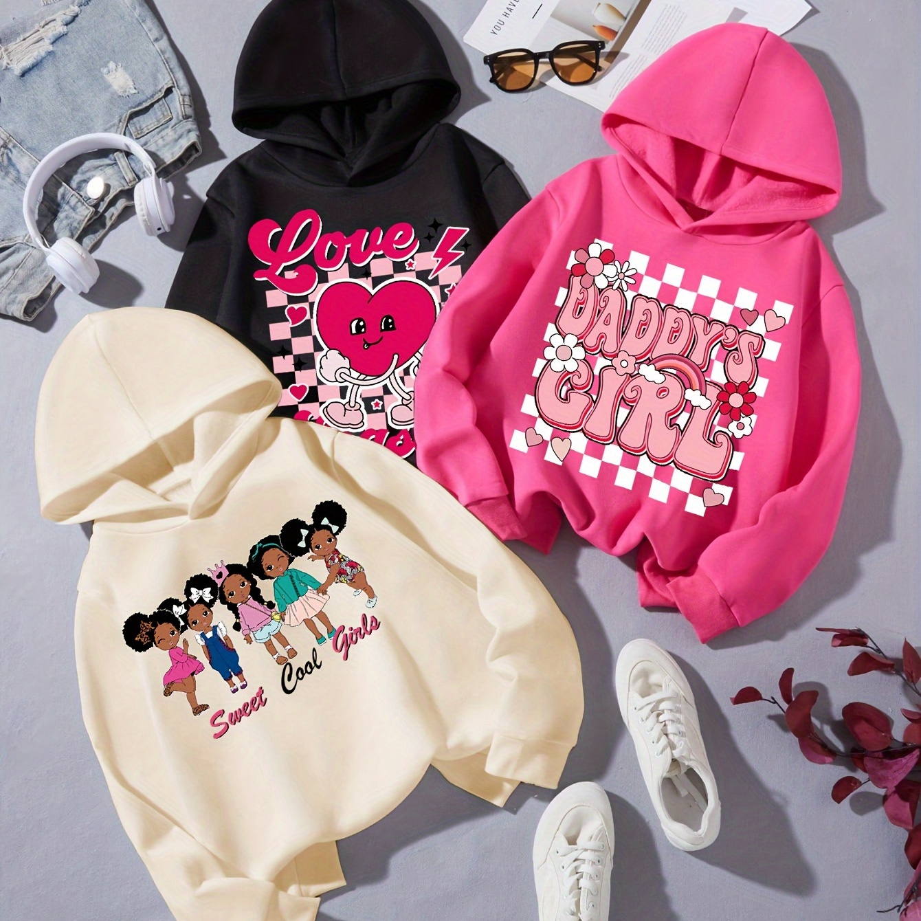 

Girls' Casual Hooded Sweatshirts With Geometric Patterns, 3-piece Set, Polyester, Knit Fabric, Regular Fit, Wear
