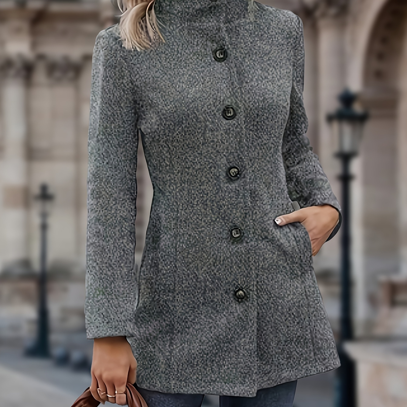 

Manteau Chic Uni en Mélange de pour Femme - Col V Décontracté, Manches Longues avec Détail de Boutons, Lavable en Machine