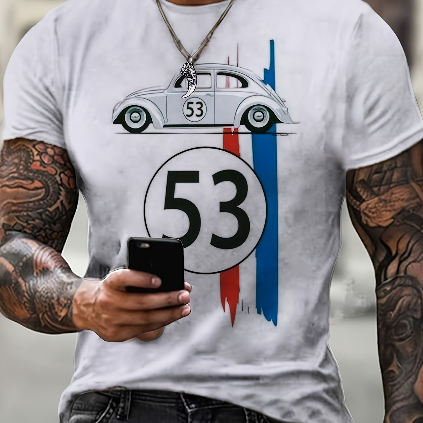 

Car #53 Print Plus Size Men's Short Sleeve T-shirt, Casual Fashionable Tee For Outdoor Sports And Leisure