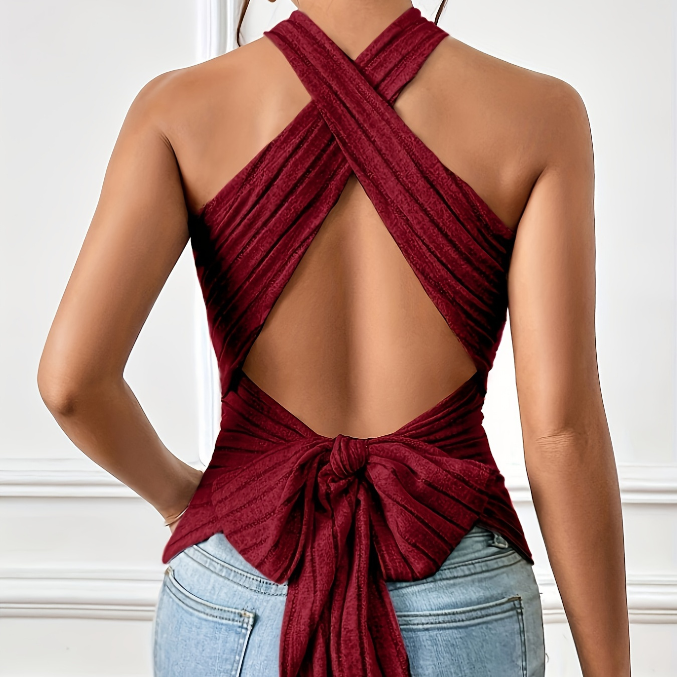 

Ribbed Backless Halter Neck Top, Sexy Solid Tied Crisscross Top For Summer, Women's Clothing