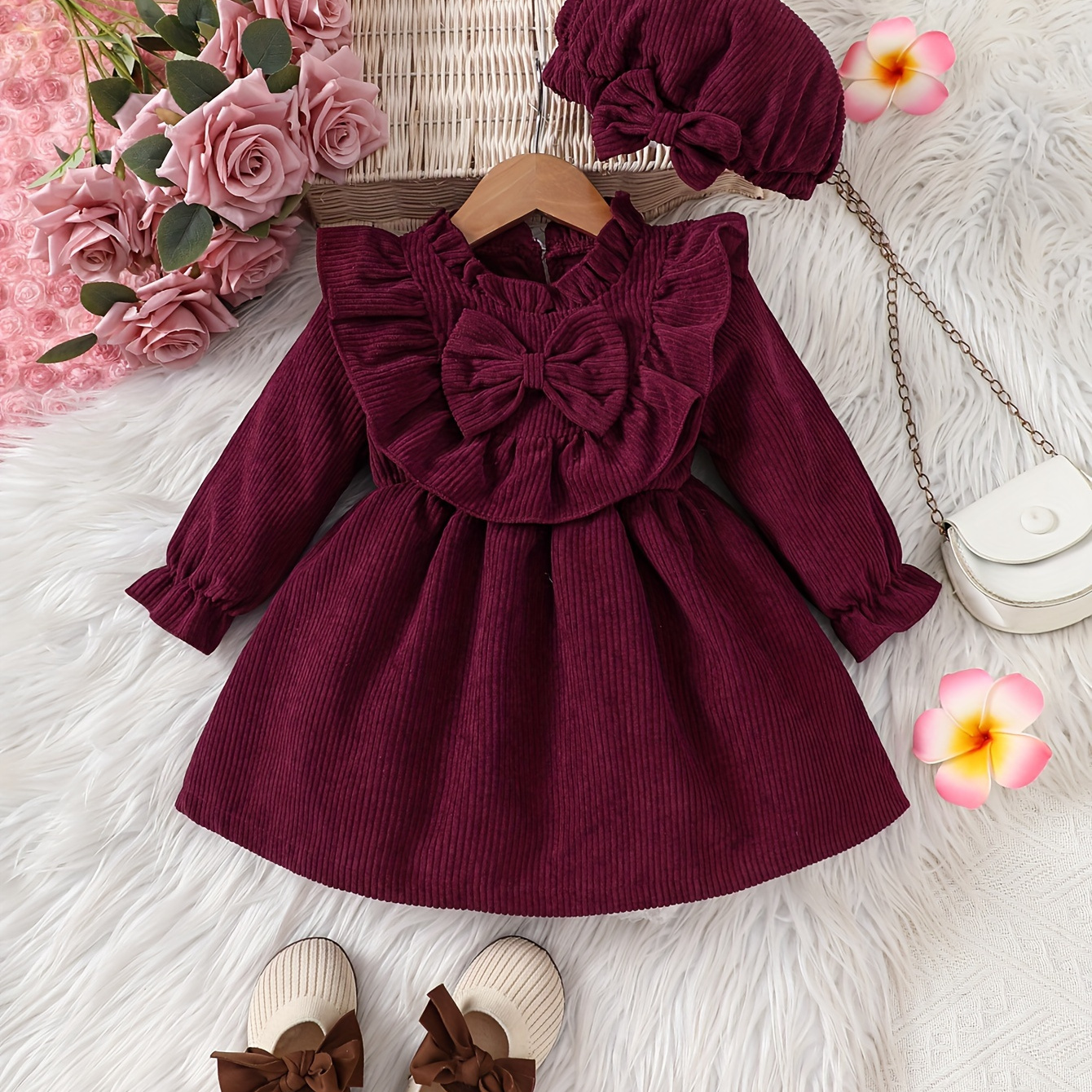 

Robe élégante en velours côtelé à manches longues avec nœud papillon pour bébé, robe pour fille de 0 à 3 ans pour le printemps, l'automne, le quotidien, les vacances ou les fêtes, comme cadeau