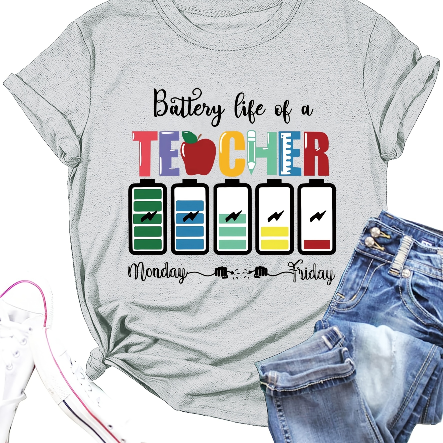 

Teacher Print Crew Neck T-shirt, Casual Short Sleeve Top For Spring & Summer, Women's Clothing