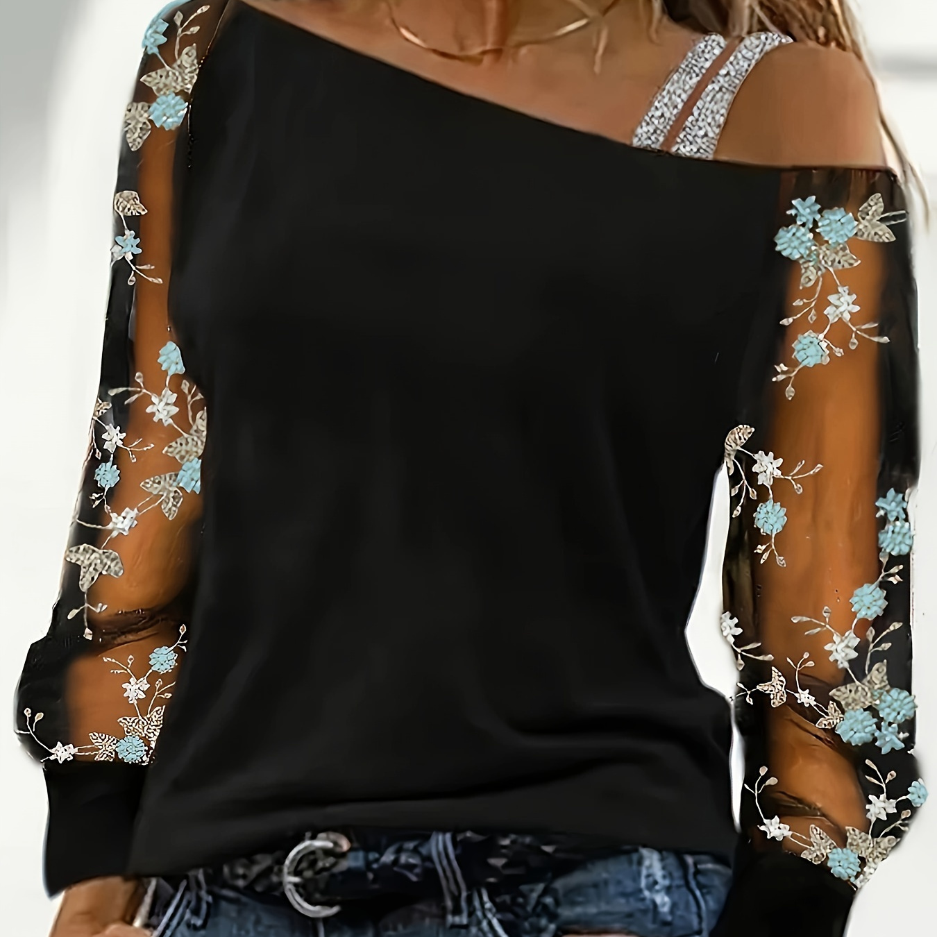 

Floral Embroidery Asymmetric Neck Top, Casual Long Illusion Sleeve Strap Top For Spring & Summer, Women's Clothing