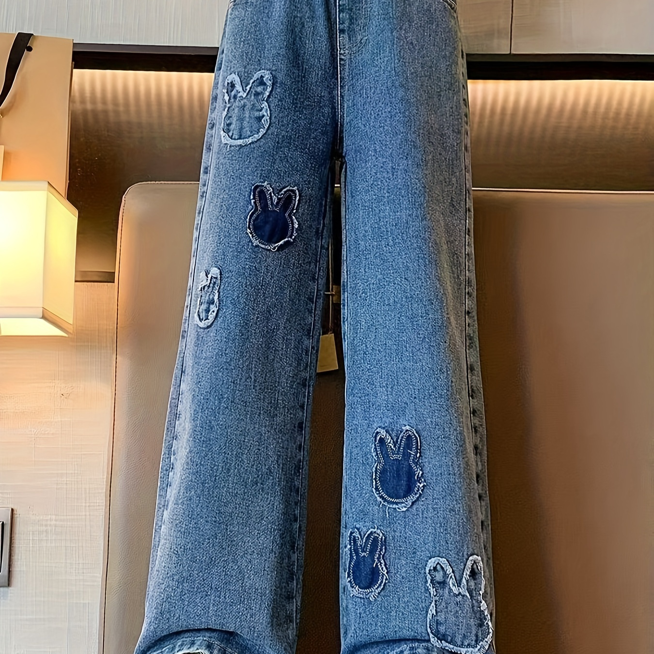

Bunny Patches Teen Girl's Trendy Jeans, High Waist Straight Loose Casual Denim Trousers For Street Going Out