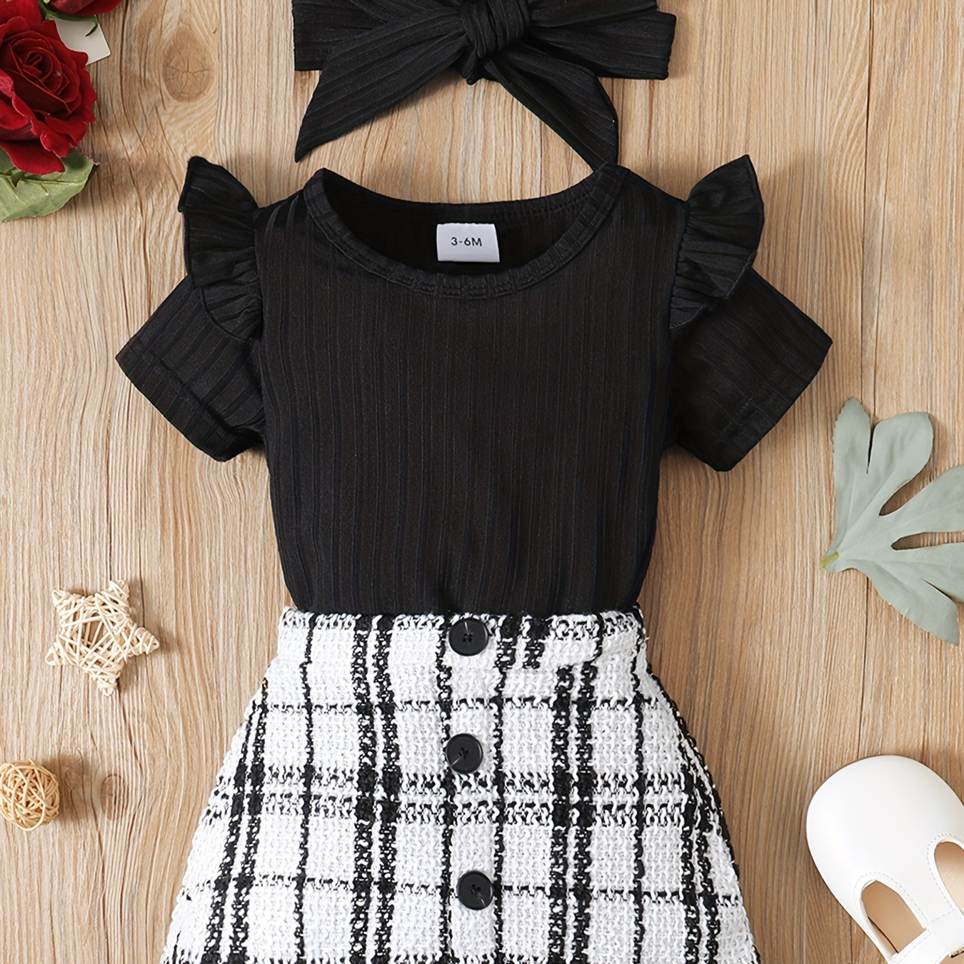 

Patpat 3pcs Baby Girl Black Ribbed Short-sleeved Romper And Tweed Skirt With Headband Set