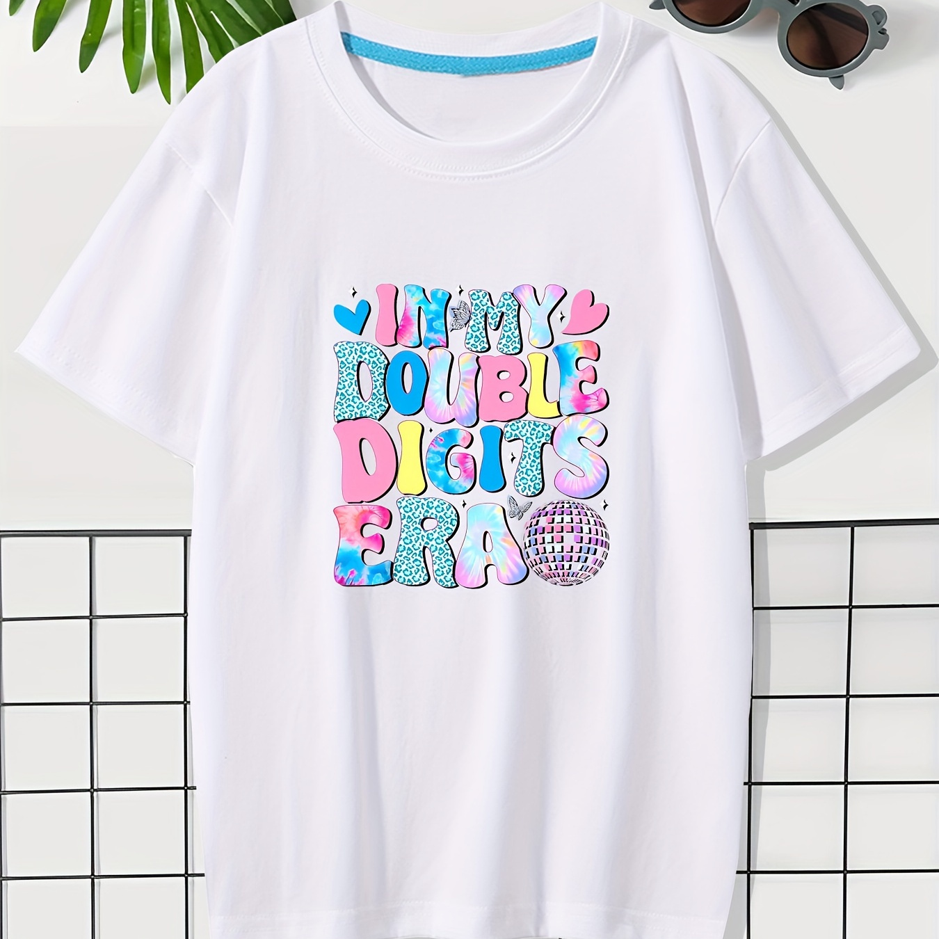 

In My Double Digits Era Print, Girls' Casual Comfy Crew Neck Short Sleeve T-shirt For Spring And Summer, Girls' Clothes For Outdoor Activities