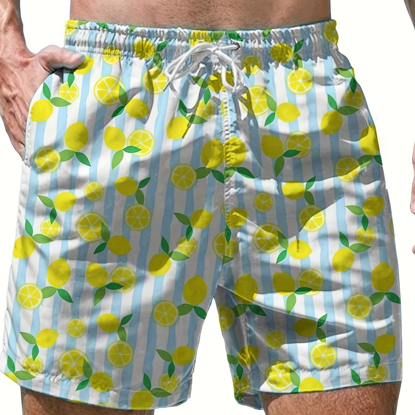 

Men's Lemon And Contrast Color Stripe Pattern Casual Shorts With Drawstring And Pockets, Chic And Trendy Shorts For Summer Sports And Daily Wear