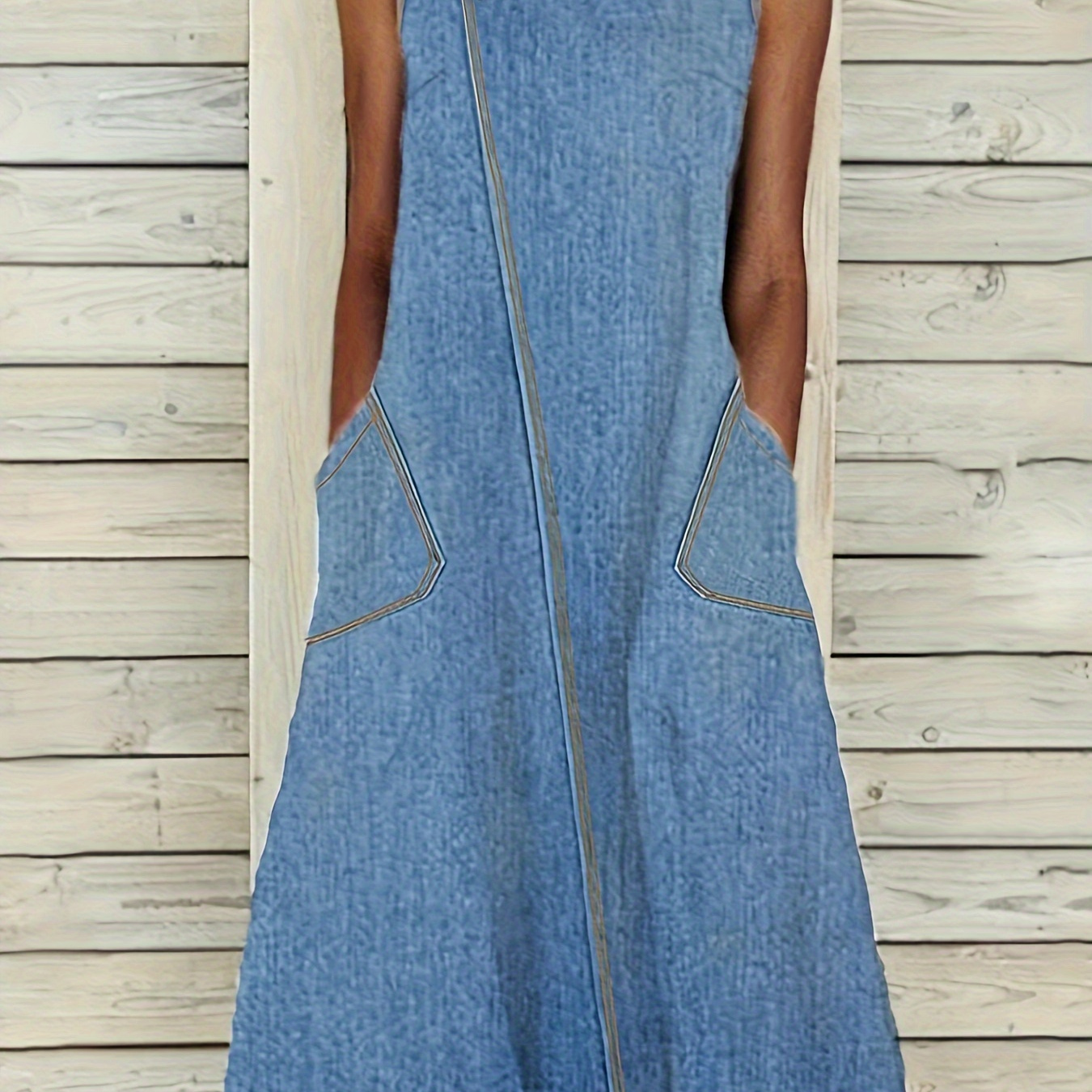 

Plain Washed Blue Buttons Casual Style Patch Pocket Sleeveless Maxi Denim Dress, Women's Denim Jeans & Clothing