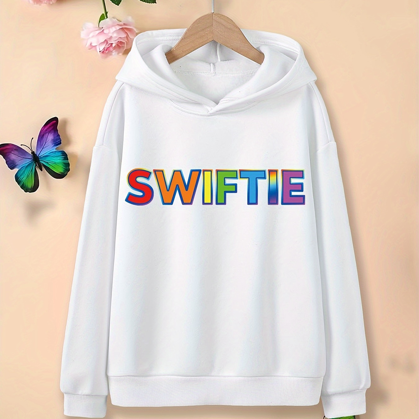 

'swiftie' Print Girls Hoodie Top, Active Long Sleeve Loose Comfortable Sweatshirt Outdoor Clothing