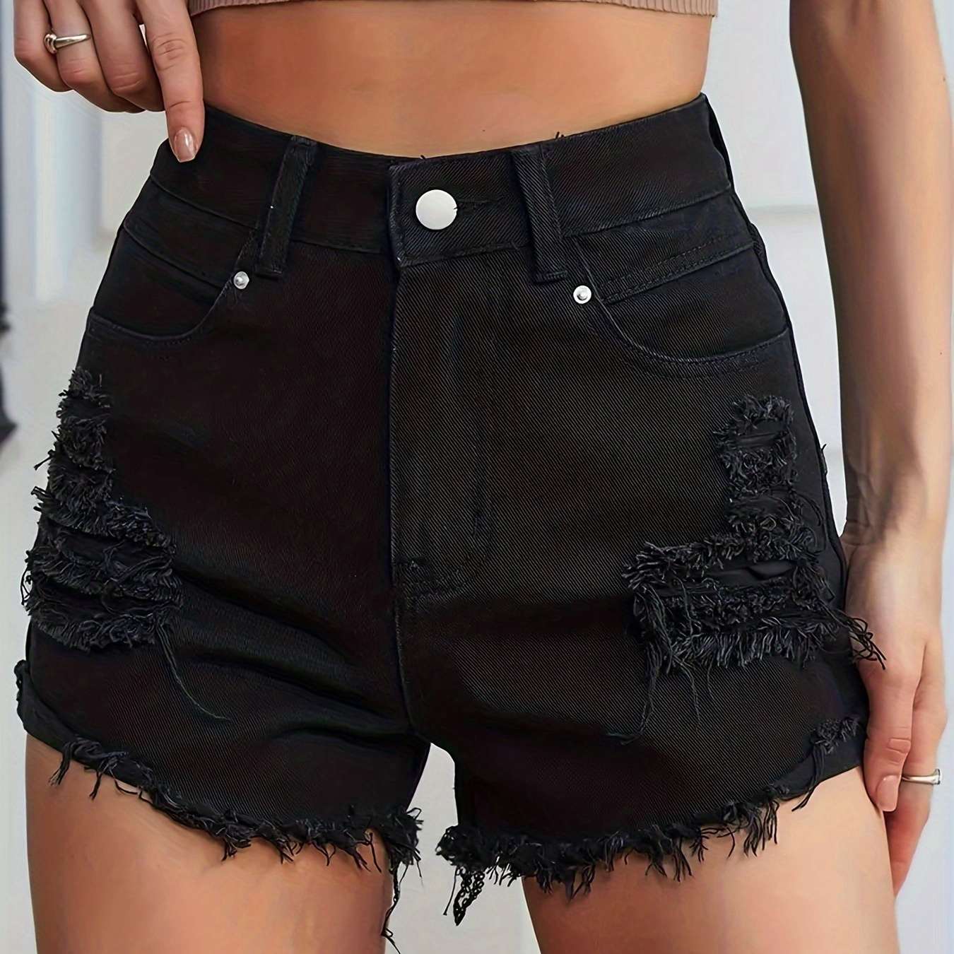 Raw Hem Solid Color High Rise Denim Shorts, Ripped Distressed Slash Pockets Pants, Women's Denim Jeans & Clothing