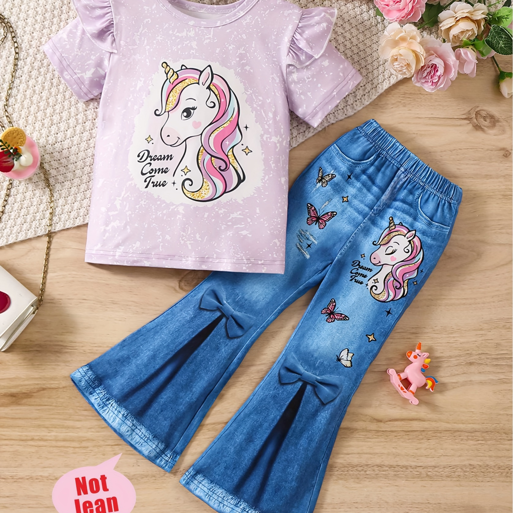 

2pcs Cute Casual Unicorn Girls Outfit, Ruffle Short Sleeve T-shirt + Imitation Denim Print Bell-bottom Pants (not Jeans)