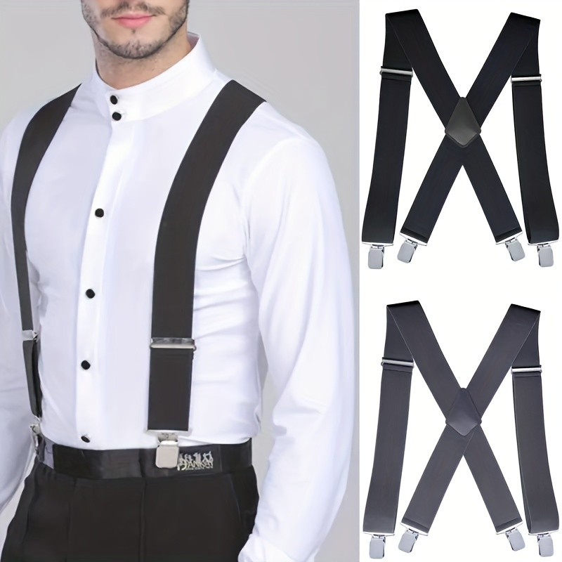 2 Pcs Men's Leather Suspender with 4 Metal Clips Adjustable Y Back Solid  Suspenders Elastic Tuxedo Suspenders Heavy Duty Work Suspenders for Men