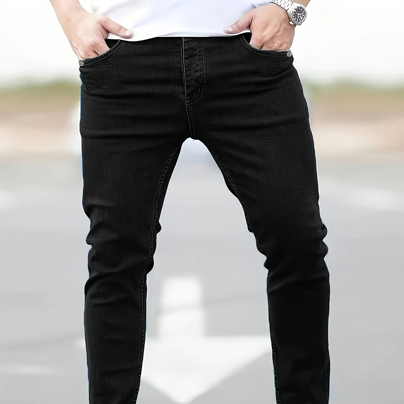 

Men's Slim-fit Black Jeans - Casual , Stretch Denim With Detail, Cotton