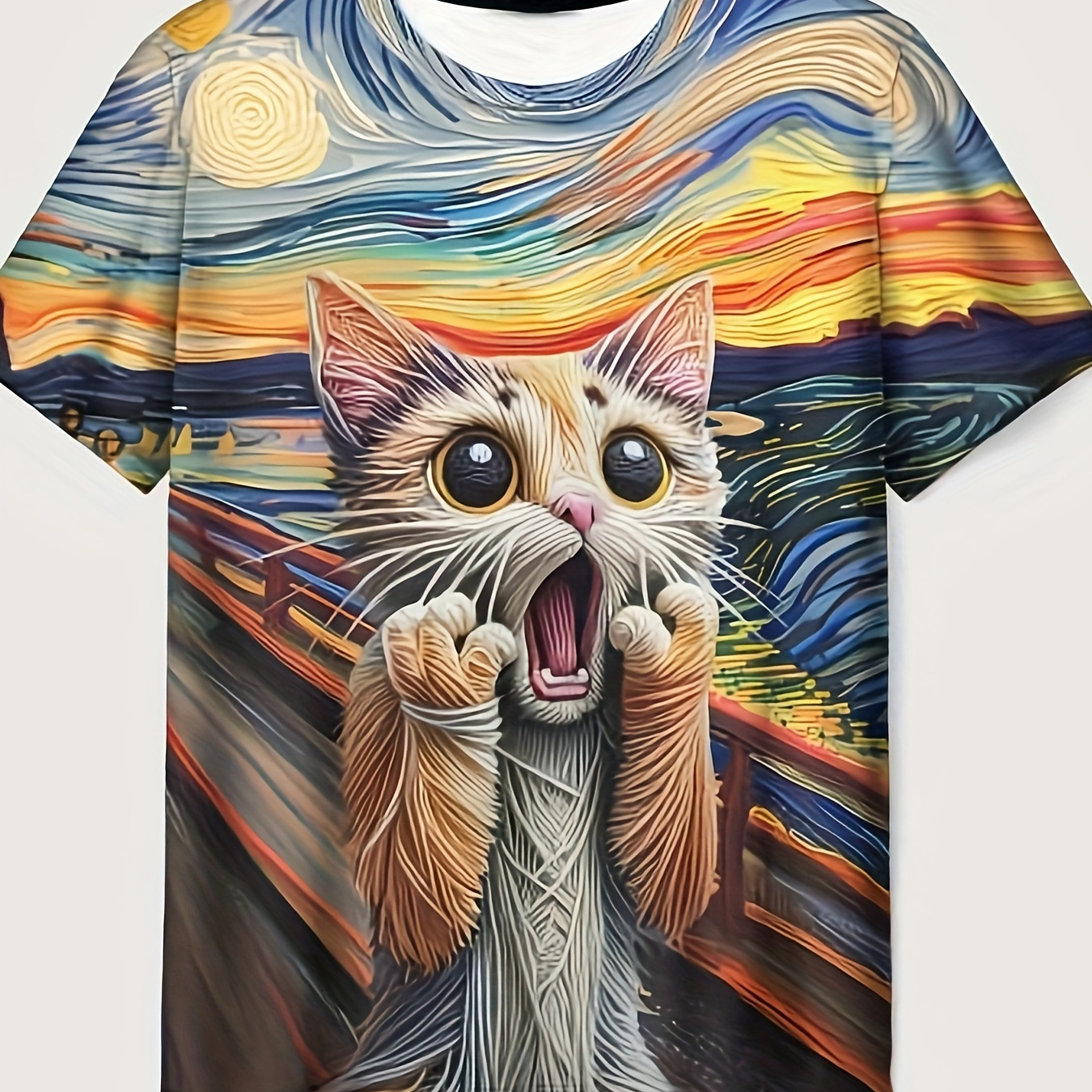 

Men's Painting Style Screaming Cat Pattern Crew Neck Short Sleeve T-shirt, Casual And Stylish Tops For Summer Daily Leisurewear