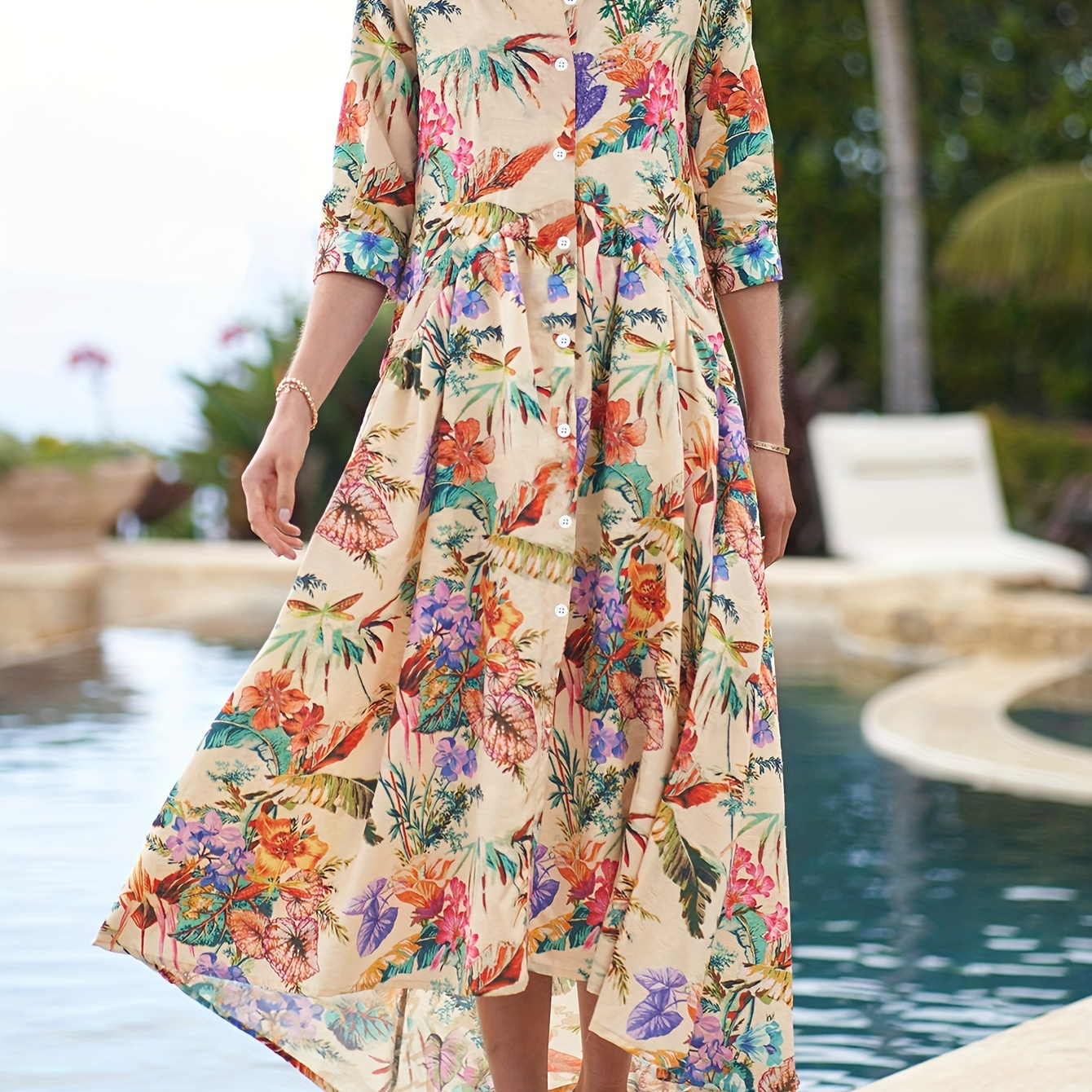 Plus Size Boho Dress Women's Plus Tropical Print Shoulder - Temu
