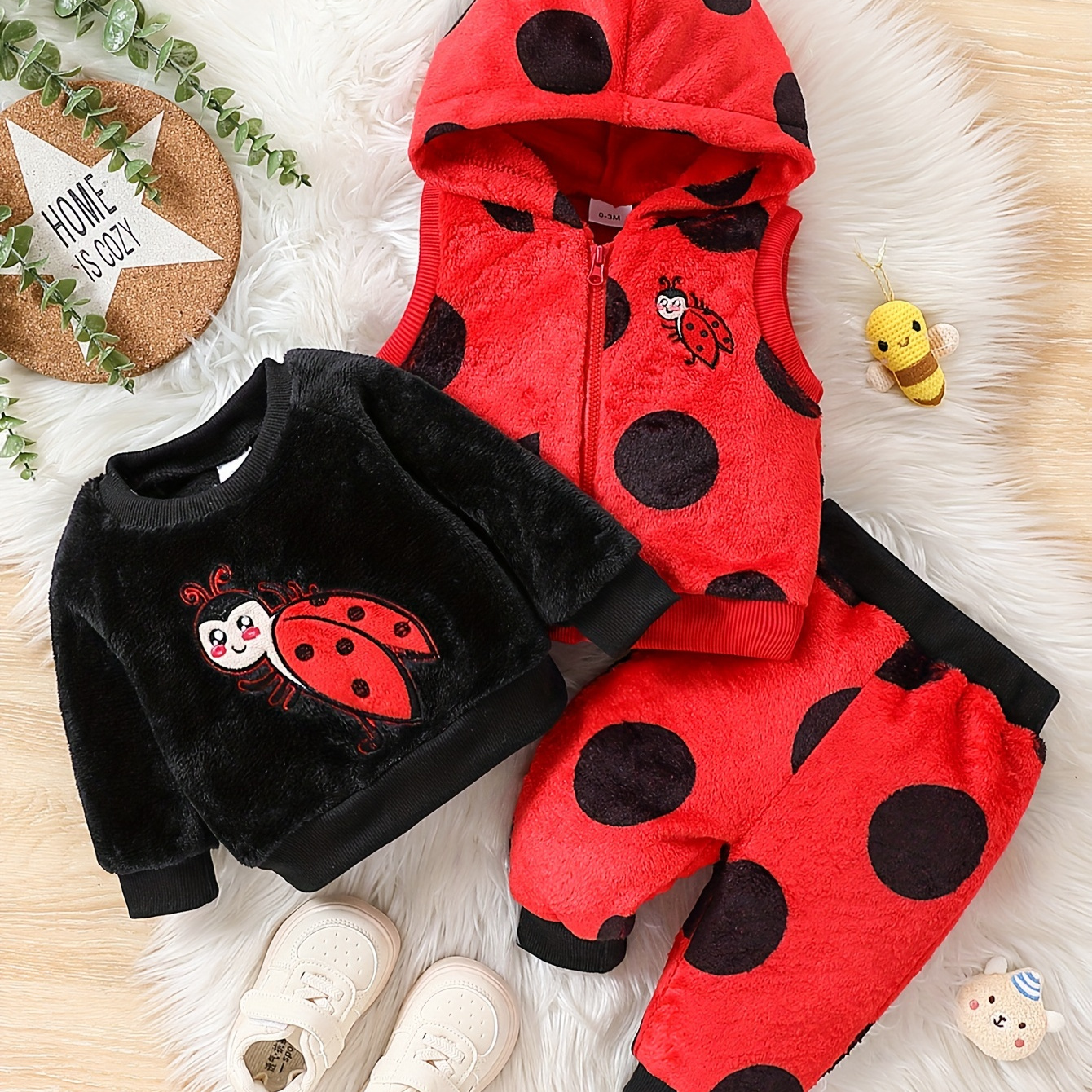 

3pcs Baby's Cat Ladybug Embroidery Warm Fall Winter Co-ords, Polka Dots Fuzzy Hooded Vest + Sweatshirt + Casual Pants, Toddler & Infant Girl's Clothing Set