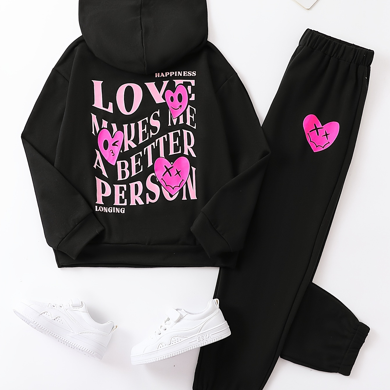 2pcs Girl's Heart Letter Print Outfit, Trendy Hoodie & Sweatpants Set, Casual Hooded Long Sleeve Top, Kid's Clothes For Spring Fall Winter