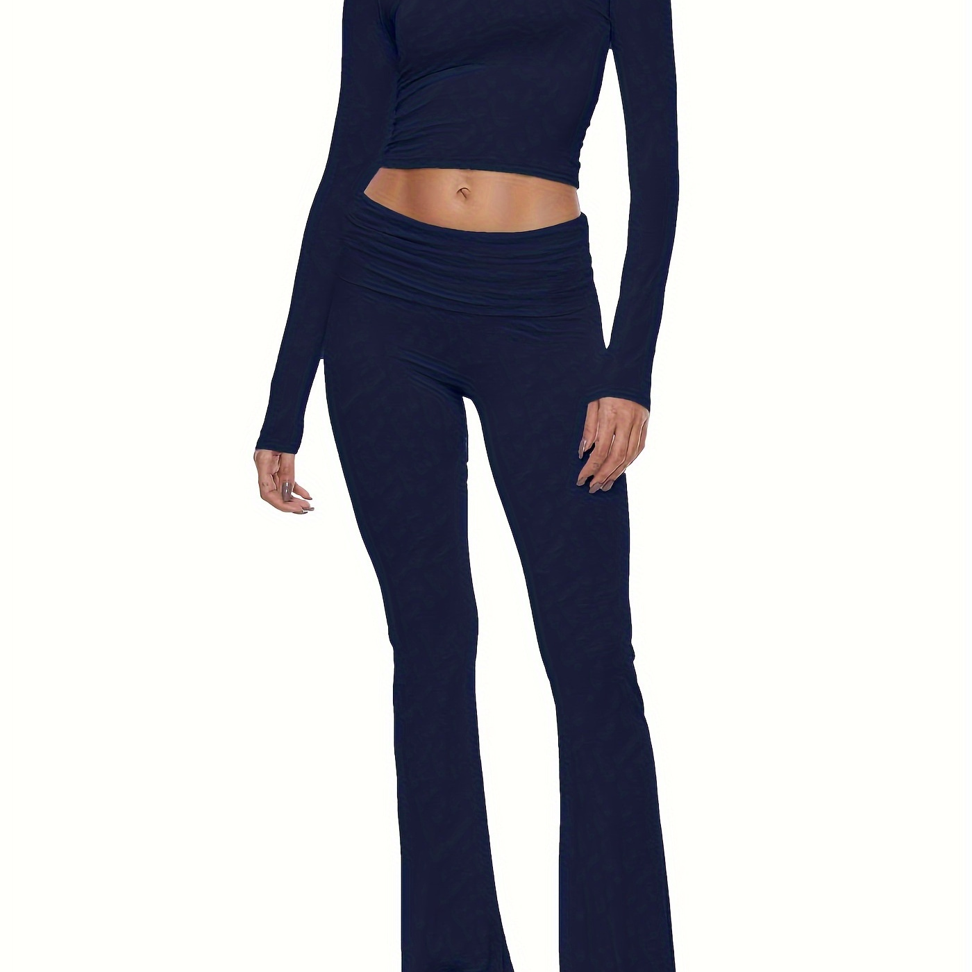 

Women's Casual Modal Lounge Set - Casual Long Sleeve Cropped Top With Flare Pants - Comfortable Pajama Outfit For Home