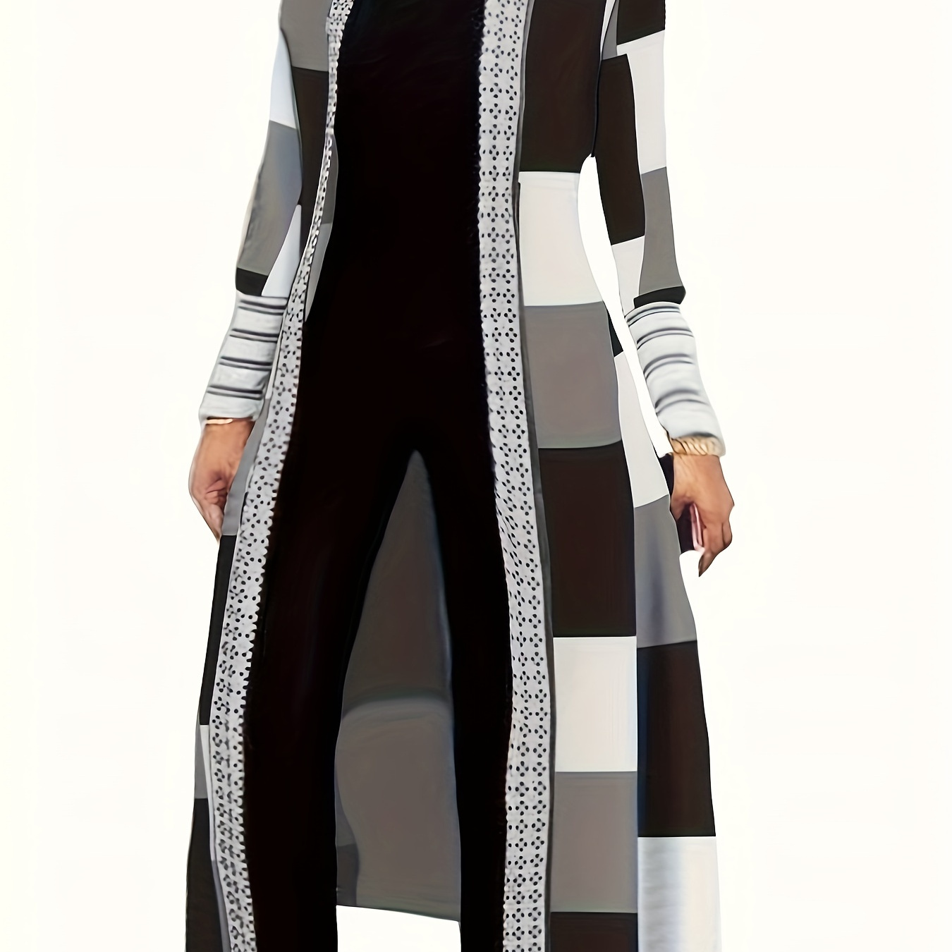 

Colorblock Geometric Print Cardigan, Casual Long Sleeve Open Front Long Cardigan, Women's Clothing