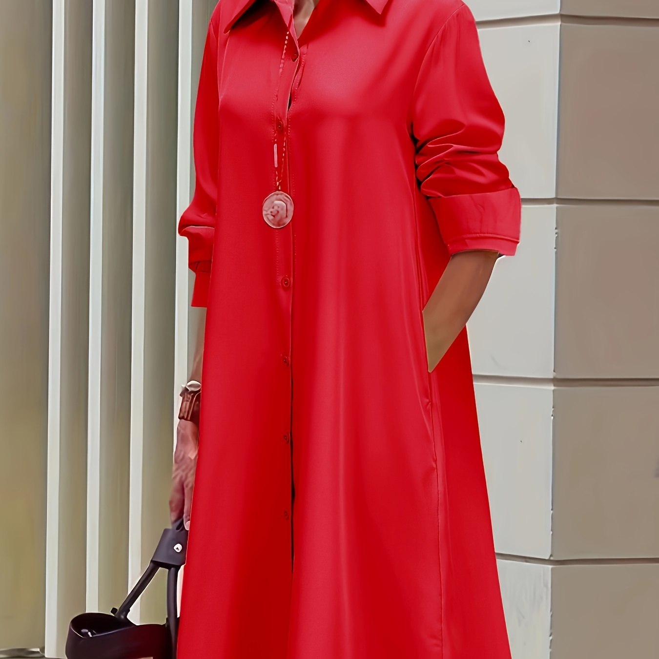 

Plus Size Solid Button Front Loose Dress, Elegant Collared Long Sleeve Dress For Spring & Fall, Women's Plus Size Clothing