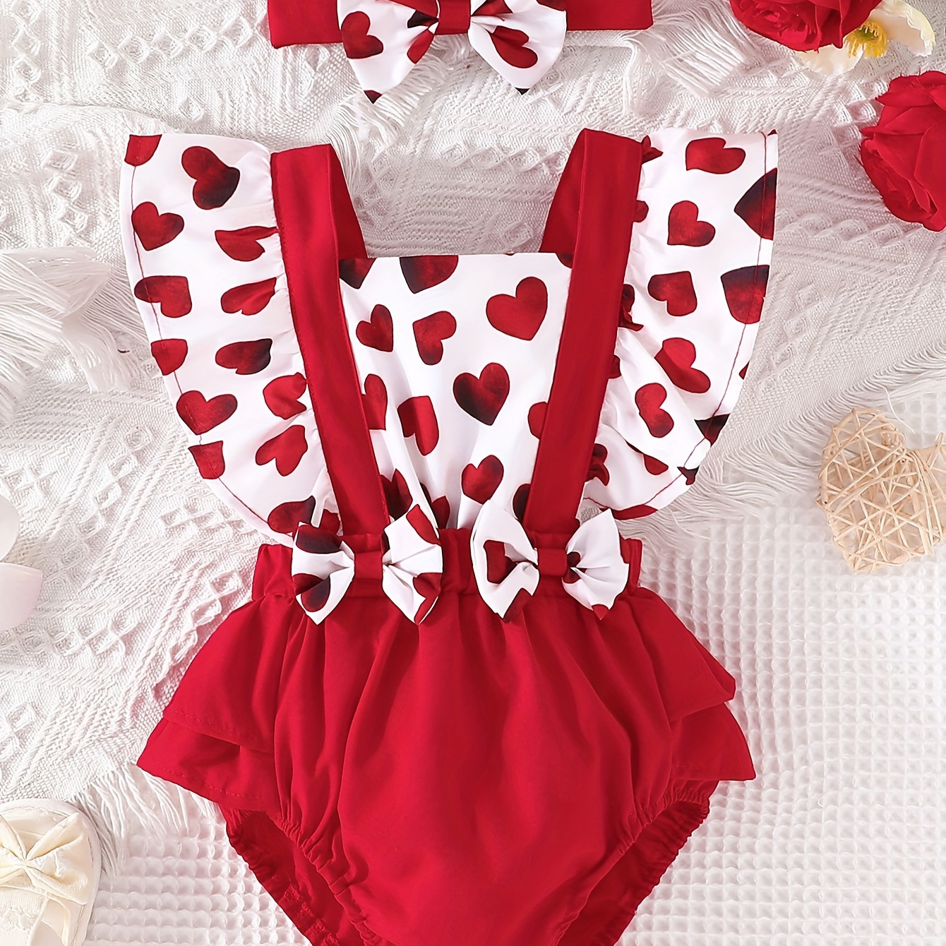 

Infant's Valentine's Day Hearts Print Bodysuit, Comfy Flying Sleeve Onesie, Baby Girl's Clothing