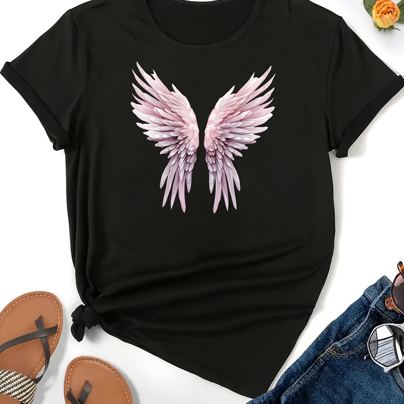 

Women's Wings Print T-shirt, Crew Neck, Casual Short Sleeve, Loose Fit, Fashion Top For Ladies