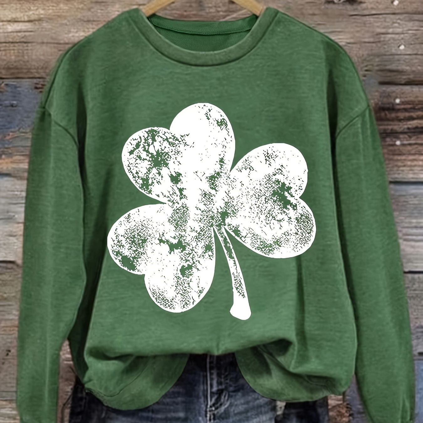 

Clover Print Sweatshirt, Casual Crew Neck Long Sleeve Sweatshirt, Women's Clothing, St. Patrick's Day