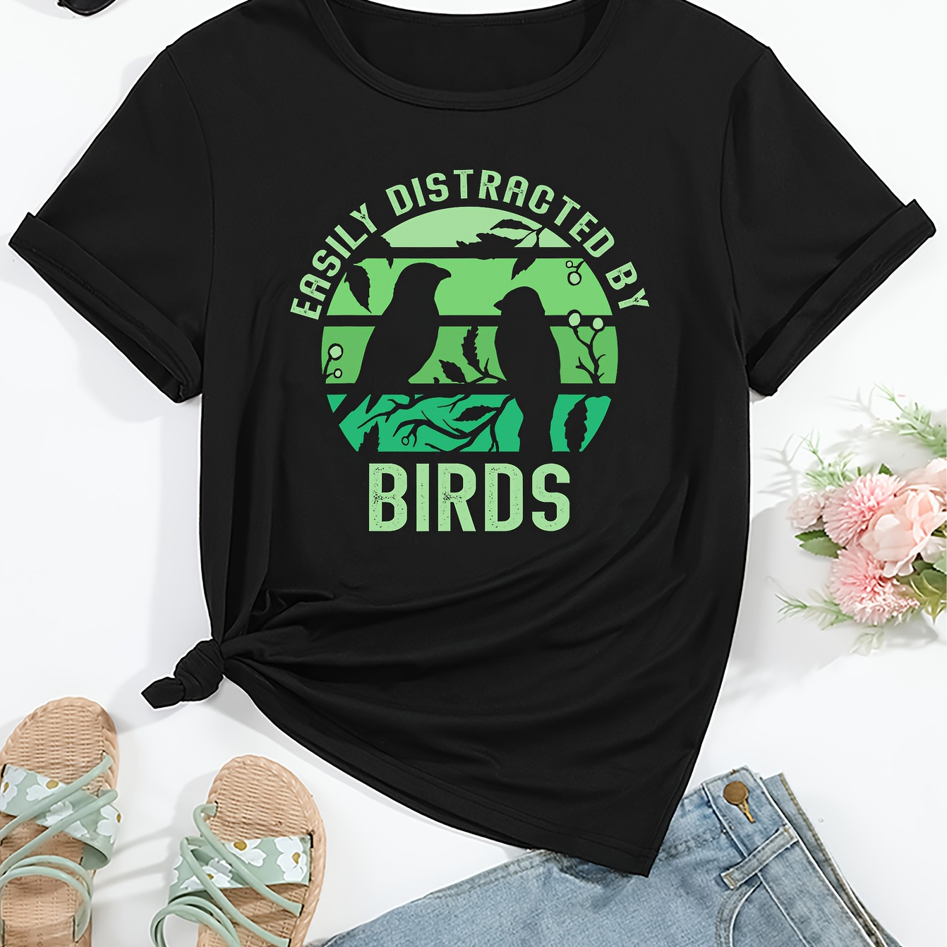

Women's Casual "easily Distracted By Birds" Print T-shirt, Vintage Style, Cozy Summer Chic, Short Sleeve Top, Round Neck Tee