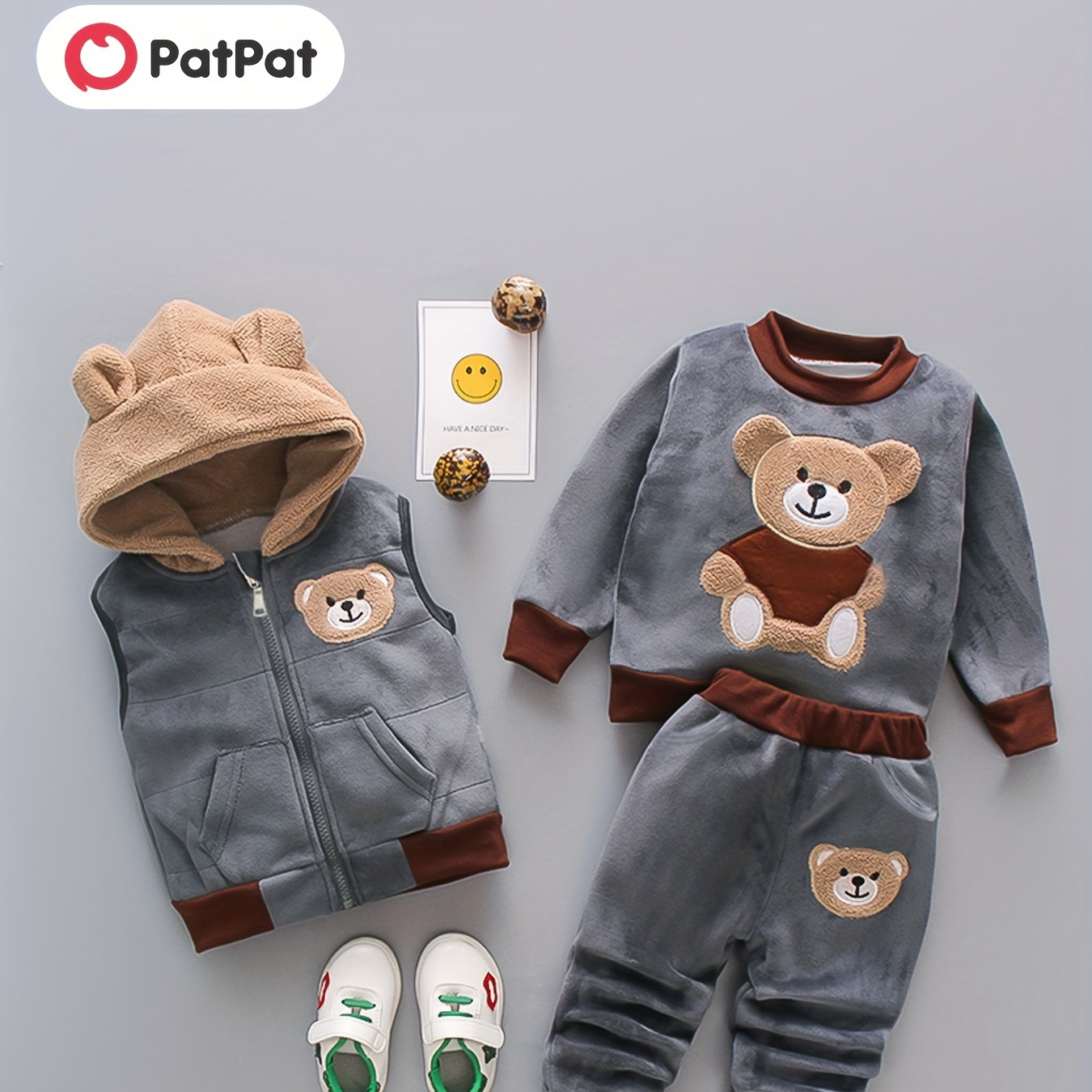 

Patpat 3pcs Toddler Boy 3d Animal Pattern Plush Hooded Set
