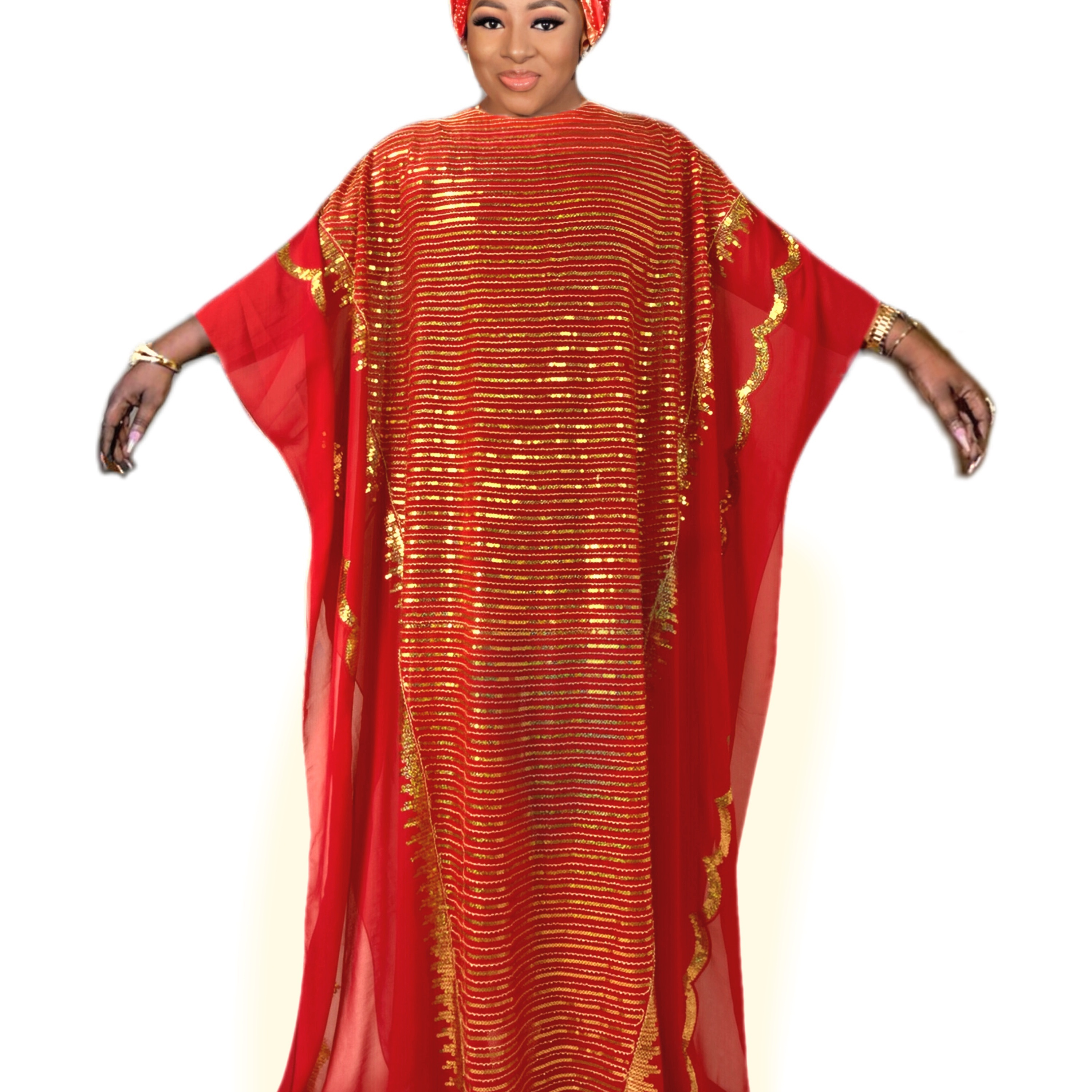 Plus Size Elegant Kaftan Dress, Women's Plus Sequins Bat Sleeve Round Neck Kaftan Dress