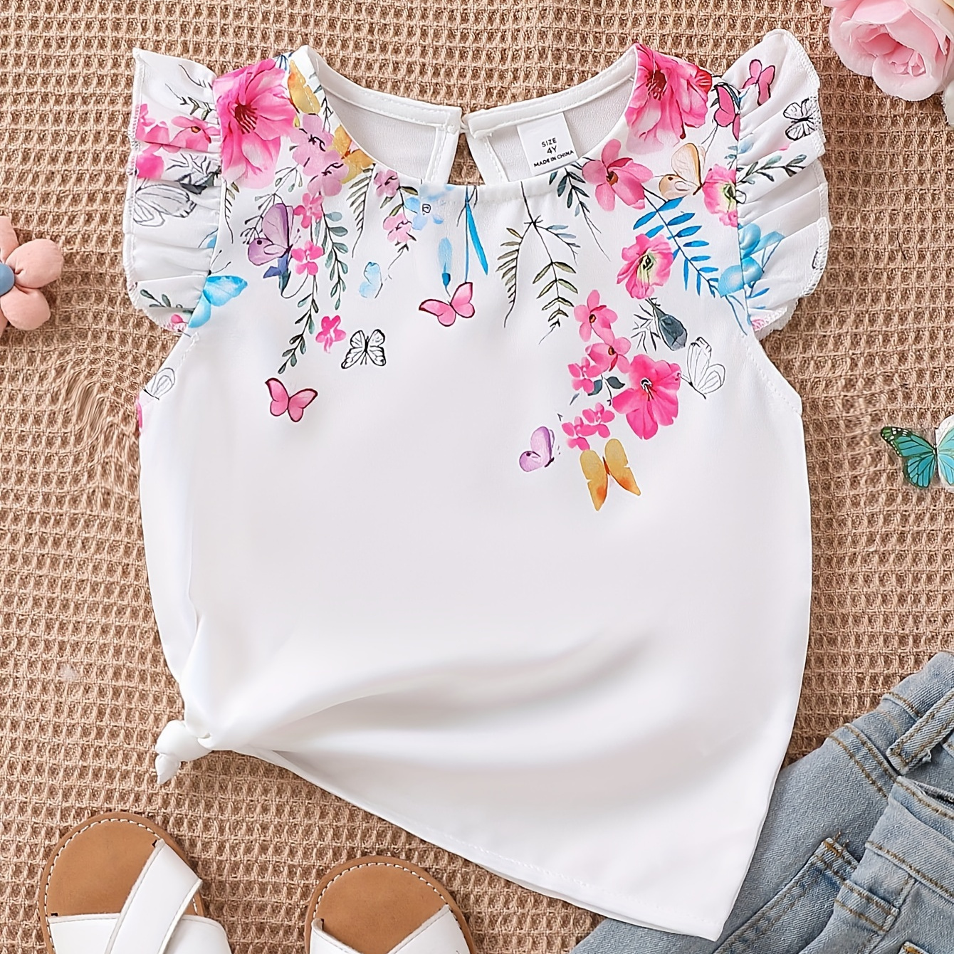 

Sweet Girls Butterfly & Flower Graphic Crew Neck Flutter Trim Sleeveless Top Summer Clothes Party Gift