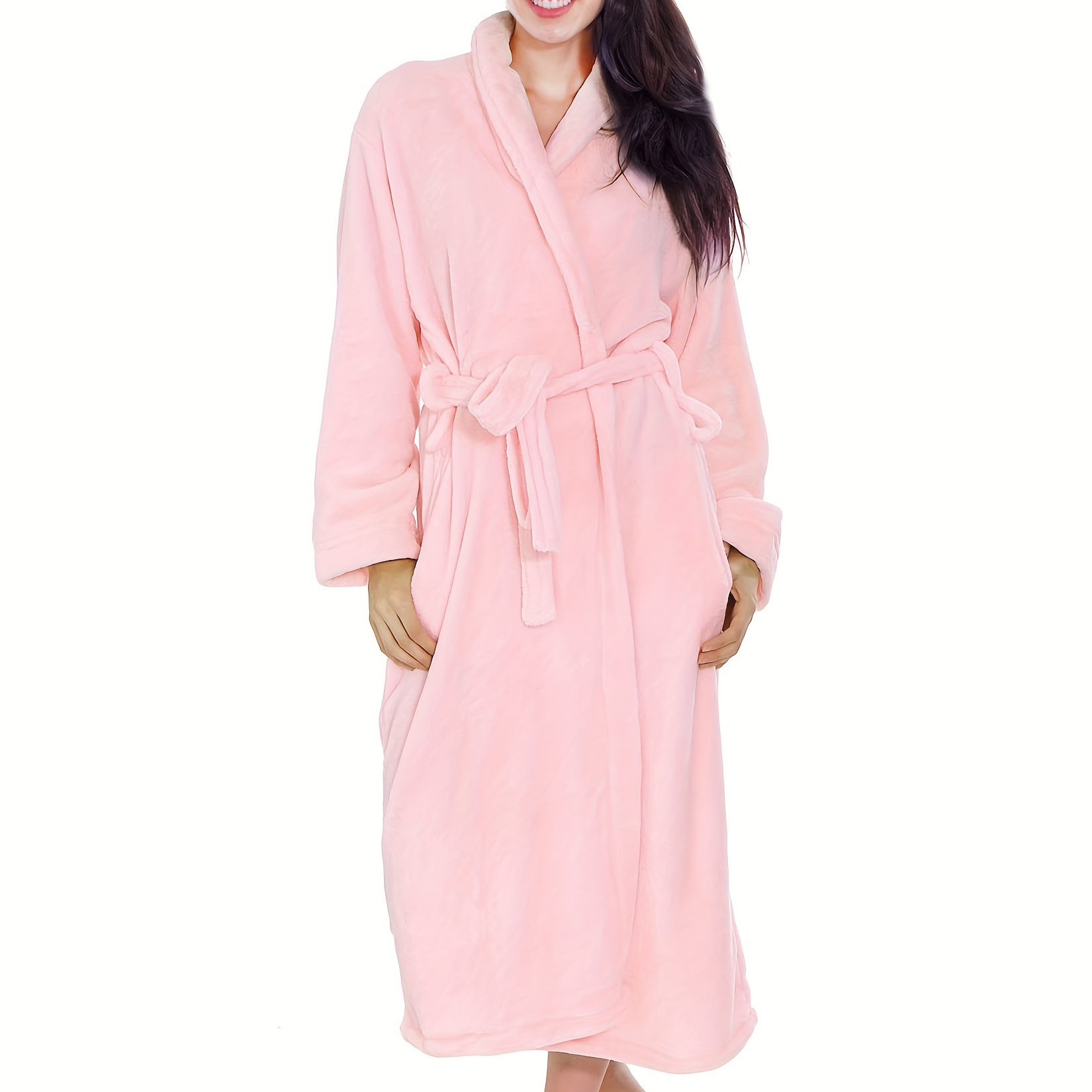 

Casual Solid Fleece Thickened Lounge Robe, Long Sleeve Lapel Robe With Belt, Women's Loungewear & Dresses For Fall & Winter