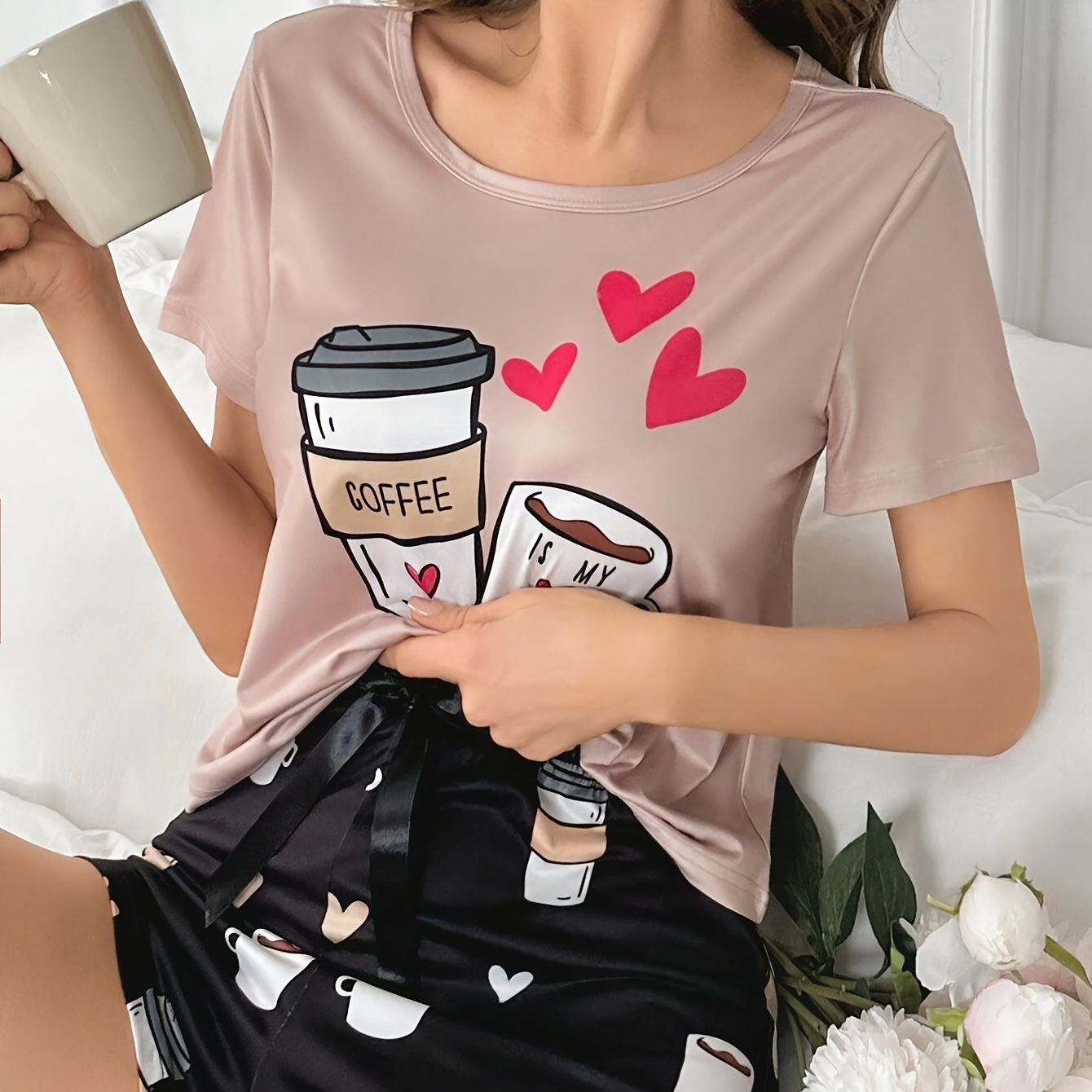 

Women's Coffee Print Casual Pajama Set, Short Sleeve Round Neck Top & Shorts, Comfortable Relaxed Fit