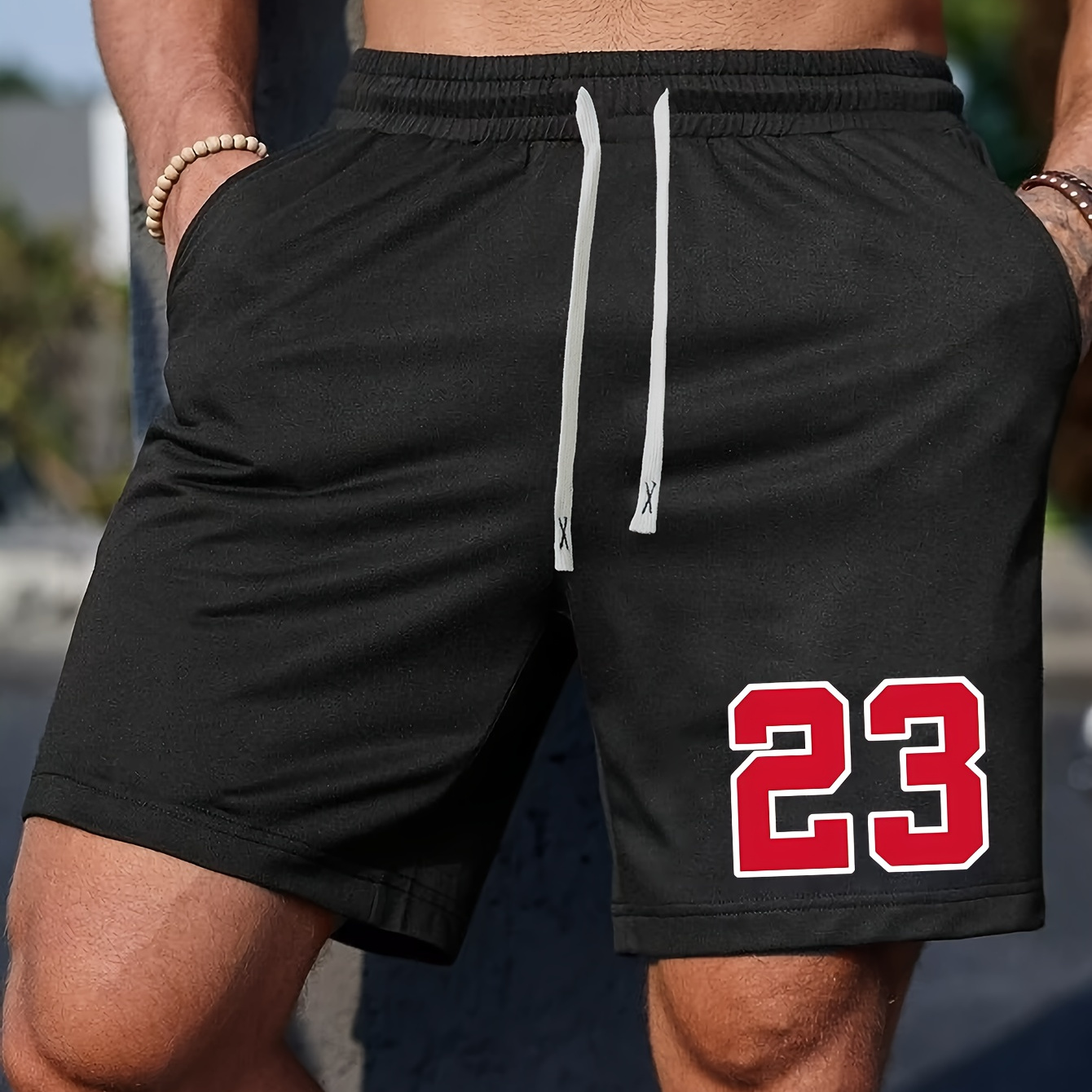 

Plus Size Men's Drawstring Shorts, Number 23 Print Casual Comfy Active Shorts, Summer Trendy Clothing For Big & Tall Guys, Outdoor Sports