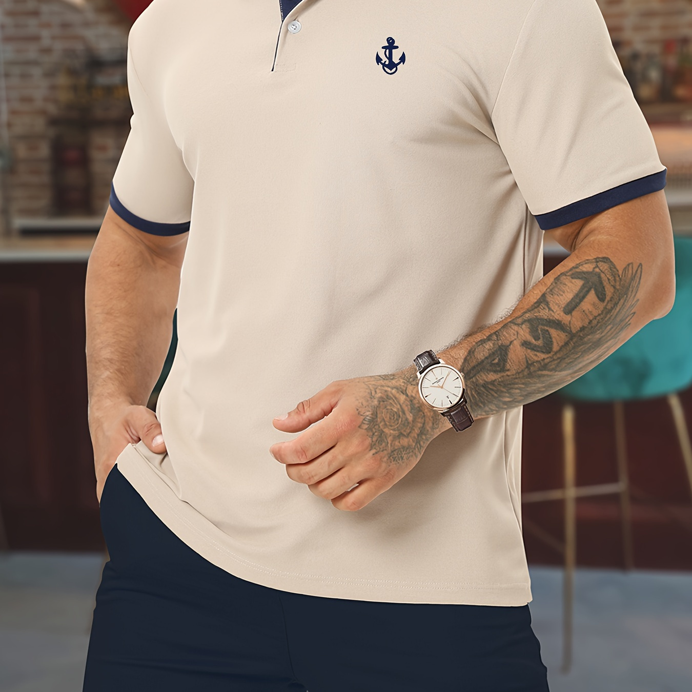

Anchor Print Men's Creative Color Block Short Sleeve Stretch Lapel Shirt, Summer Golf Tennis