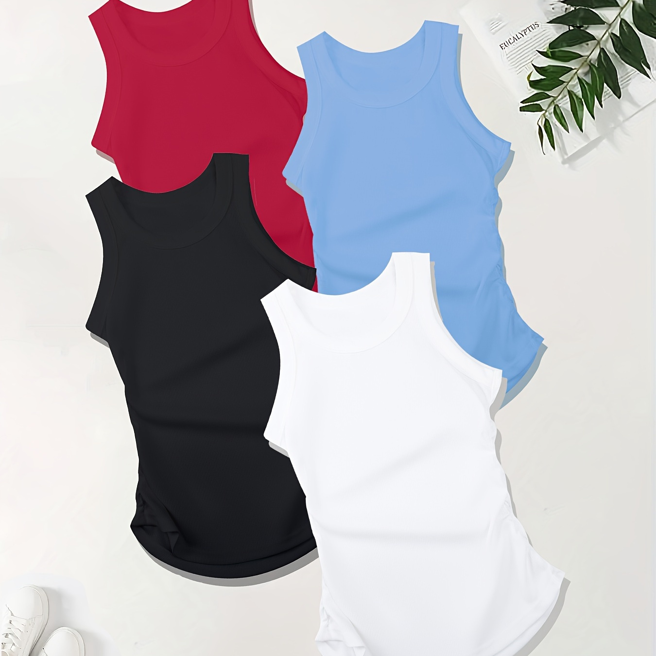 

4-pack Women's Athletic Tank Tops, Breathable Comfortable Side-ruched Sleeveless Base Layer Vests, Sport Style