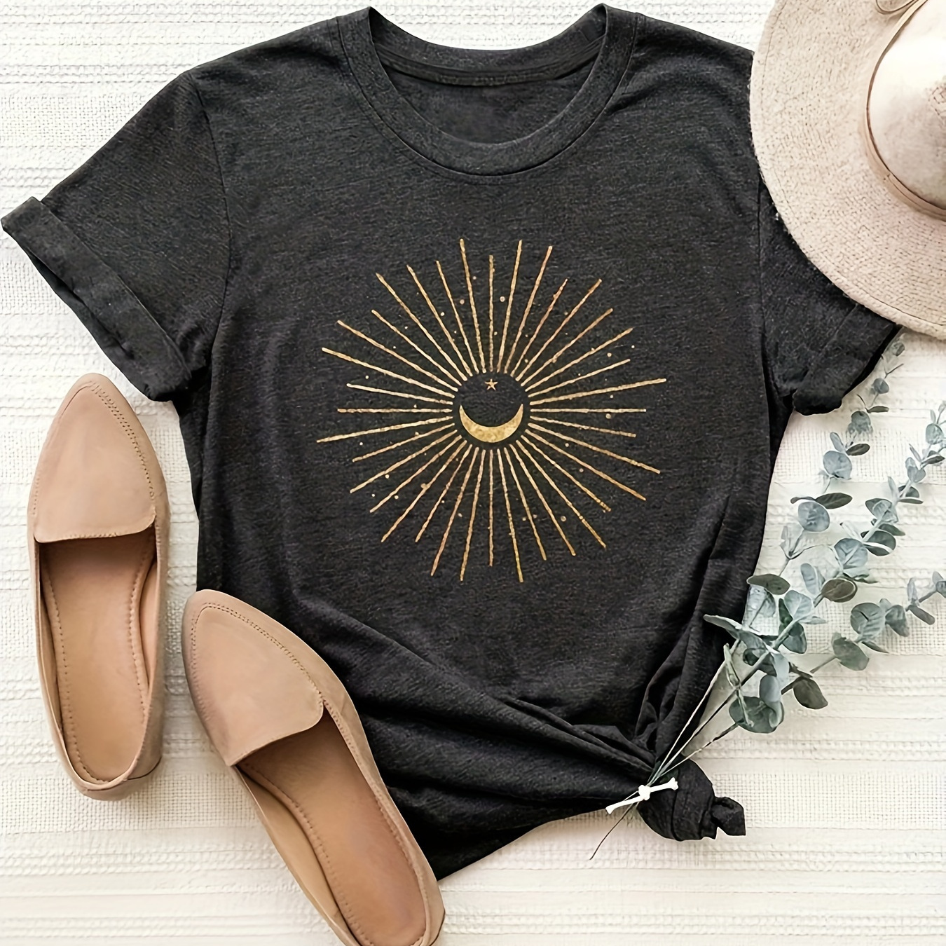 

Shiny Moon Print Crew Neck T-shirt, Vintage Short Sleeve T-shirt For Spring & Summer, Women's Clothing