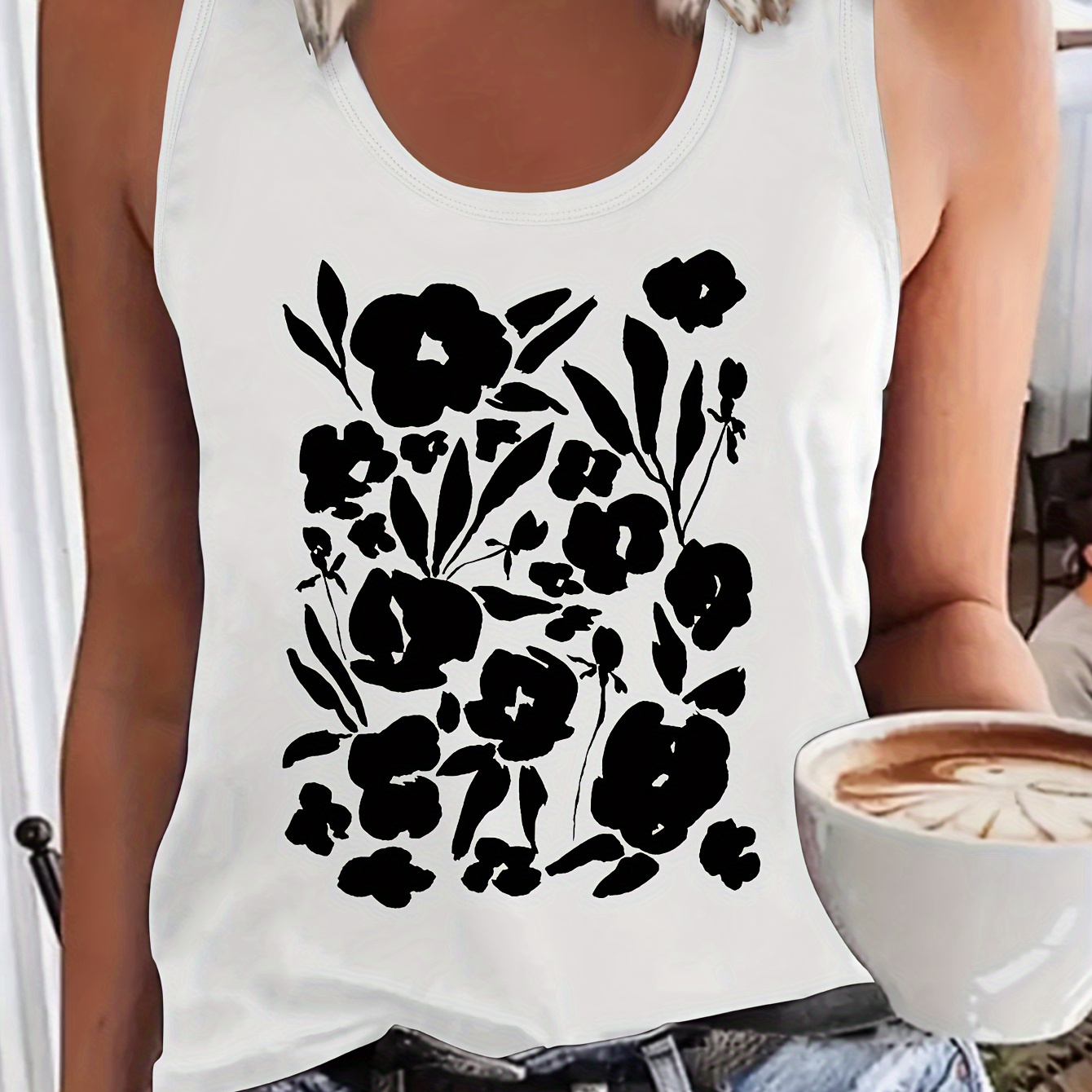 

Chic Floral Print Top For Women - Casual Sleeveless Crew Neck, Stretchy Polyester , Machine Washable -