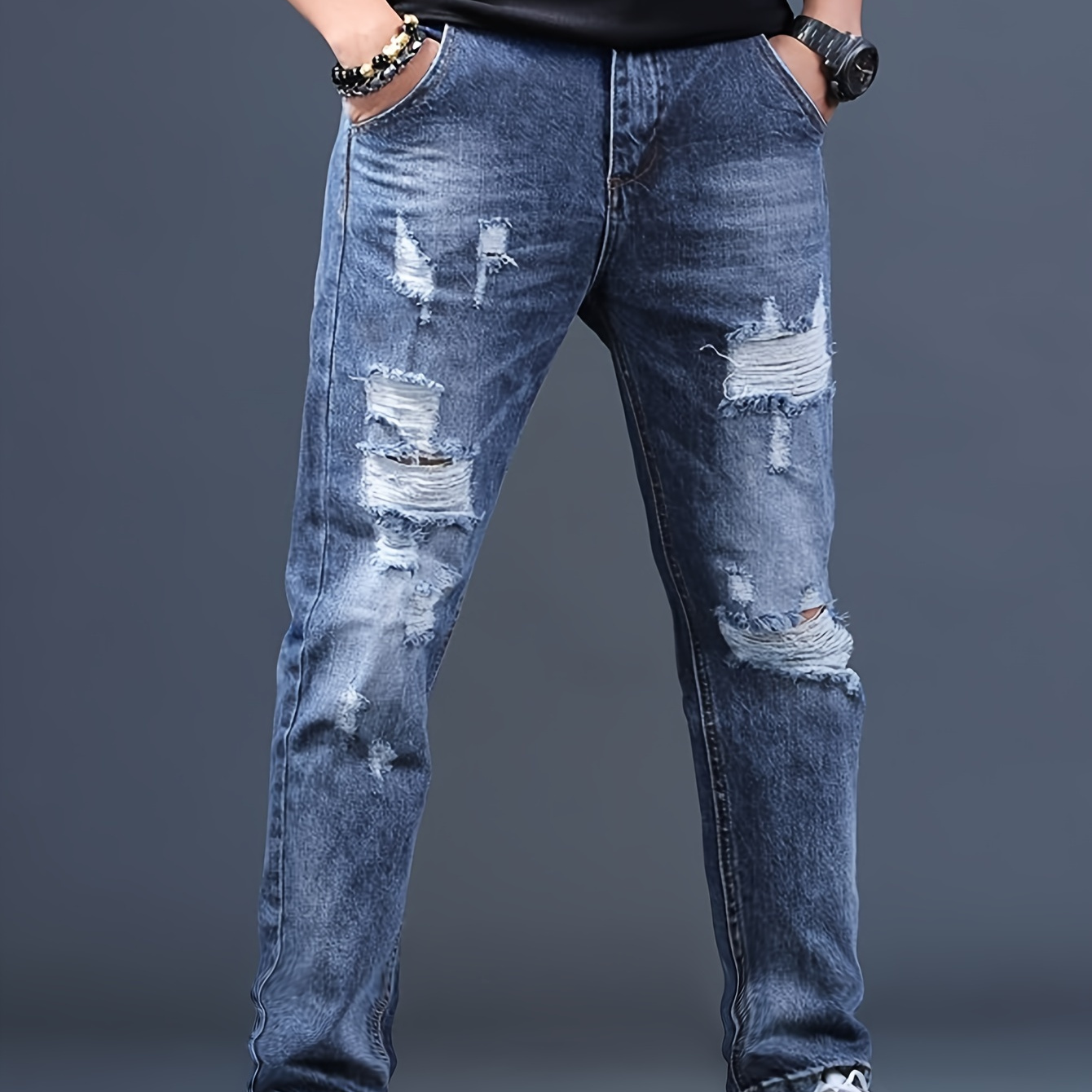 

Men's Straight Leg Distressed Ripped Jeans, Fashion Comfy Denim Pants For Men, Versatile For All Seasons