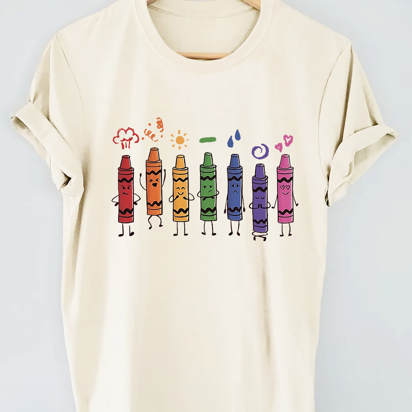 

Cartoon Crayon Print T-shirt, Short Sleeve Crew Neck Casual Top For Summer & Spring, Women's Clothing